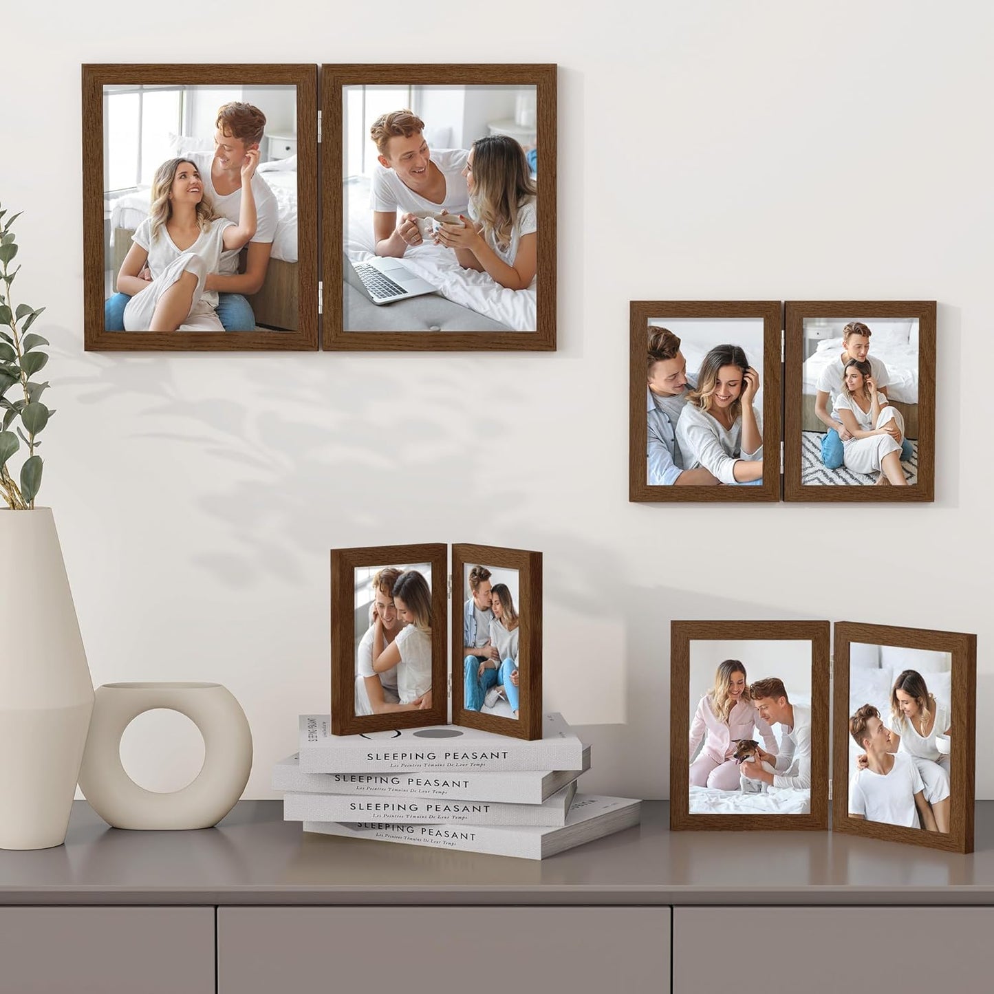 Axeman 6x8 Double Picture Frame - Solid Oak Wood Vertical Hinged 6x8 Photo Frame 2 Opening Folding Family Frames Collage With Real Glass for Tabletop Displa, Hanging Hardware Included | Walnut