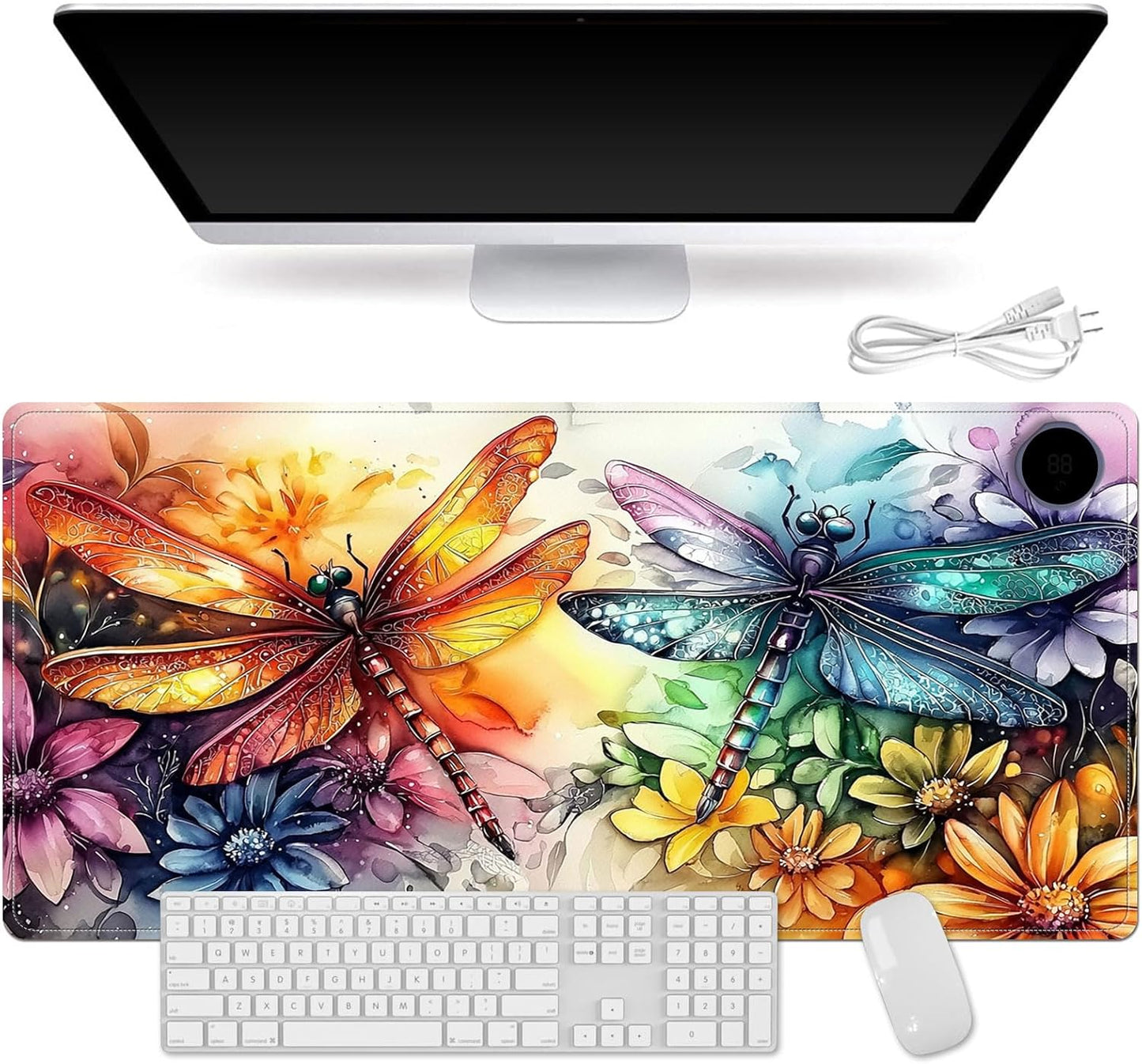 Small Heated Desk Pad 23.6" x 14.2" – Compact Electric Mouse Pad with 3 Heating Levels, Auto Shut-Off, Waterproof PU Surface, Plug-in Warmer for Office or Home Use, Colorful Dragonflies