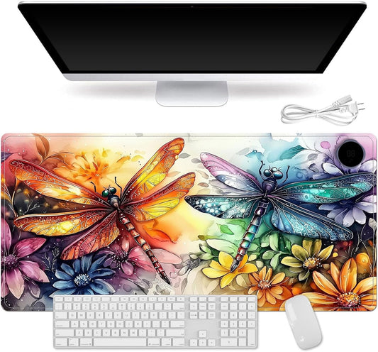 Heated Mouse Pad for Desk 31.5" x 13" – PU Leather Warm Desk Pad with 3 Heat Levels (104°F/113°F/122°F), Plug-in Electric Heating Mat with Auto Shut-Off, Waterproof & Rollable, Colorful Dragonflies