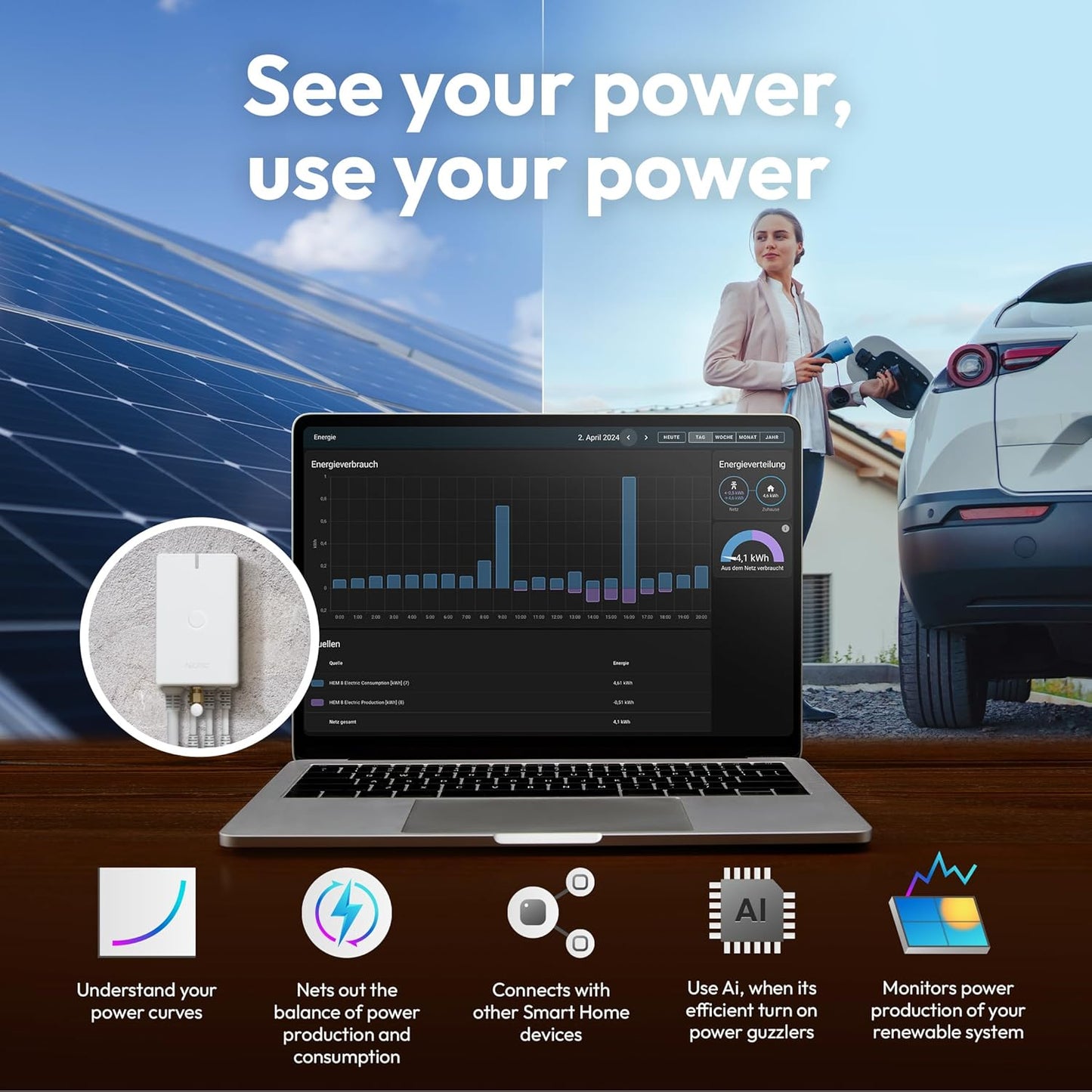 Aeotec Home Energy Meter 8 - Smart Electricity Monitor - Real-Time Usage and Production Tracking - Z-Wave Long Range - 2x200A Clamp-On Sensor - Supports 2-Phase Power - SmartThings - HomeAssistant