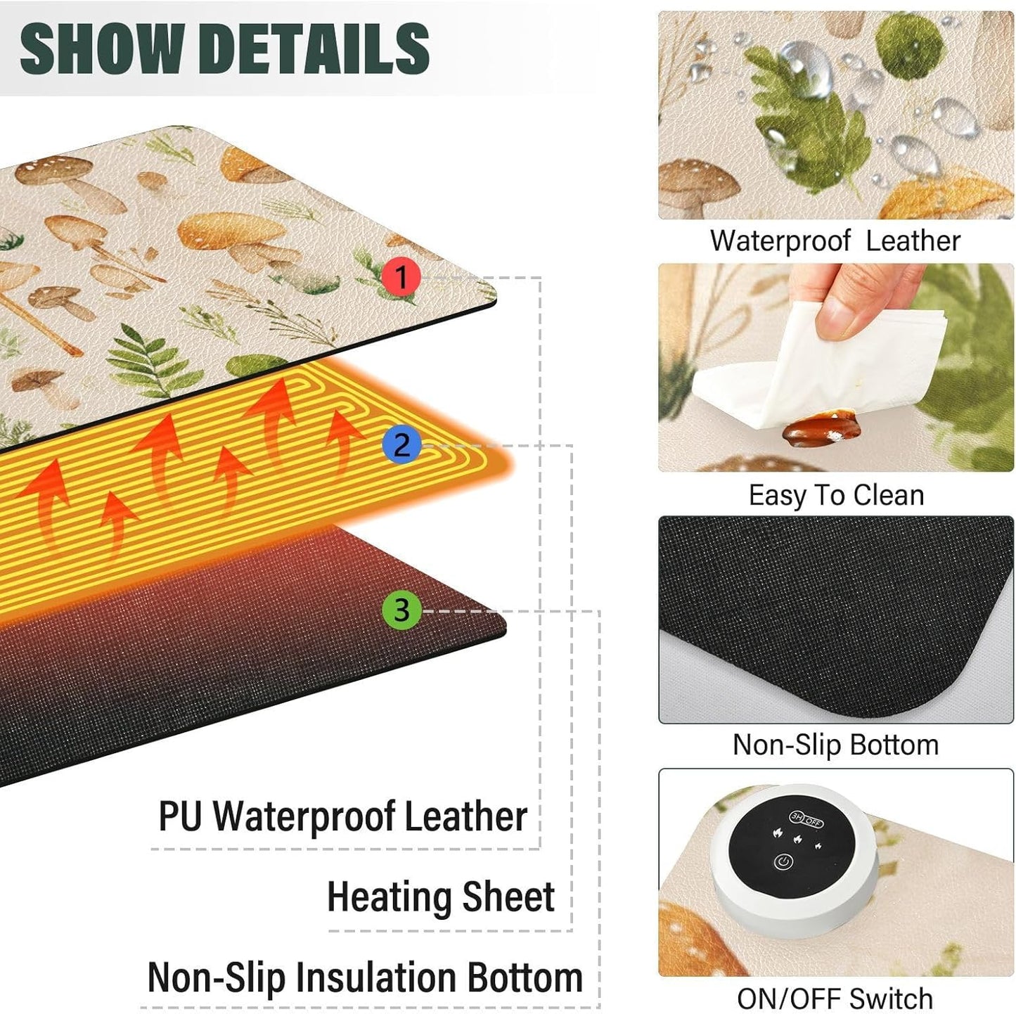 Heated Desk Pad Mouse Pad 31.5x13 Inch PU Leather Desk Mat with 3 Heat Levels Large Mouse Gaming Computer Laptop Mat Watercolor Mushrooms Beige