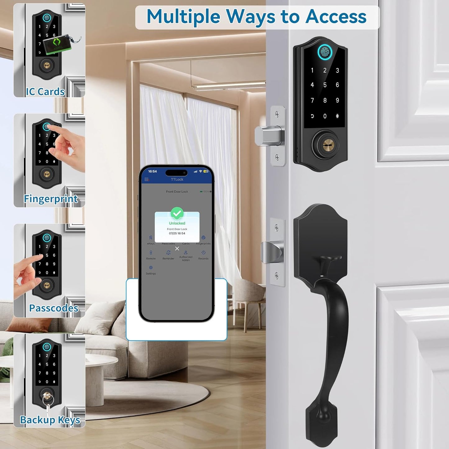 Harfo Fingerprint Smart Door Lock for Front Door with Handle Set, App Control, Keyless Entry Keyless Deadbolt, Digital Electronic Touchscreen Keypad, Auto Lock, Easy to Install, Black