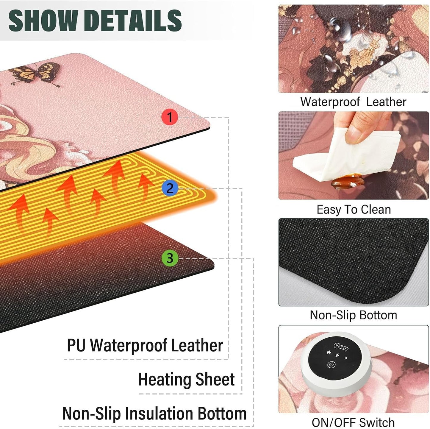 Large Heated Mouse Pad,Leather Desk Mat,31.5"x13",Hand Warmer Pads for Desk,Girl Butterfly(Glod Pink)