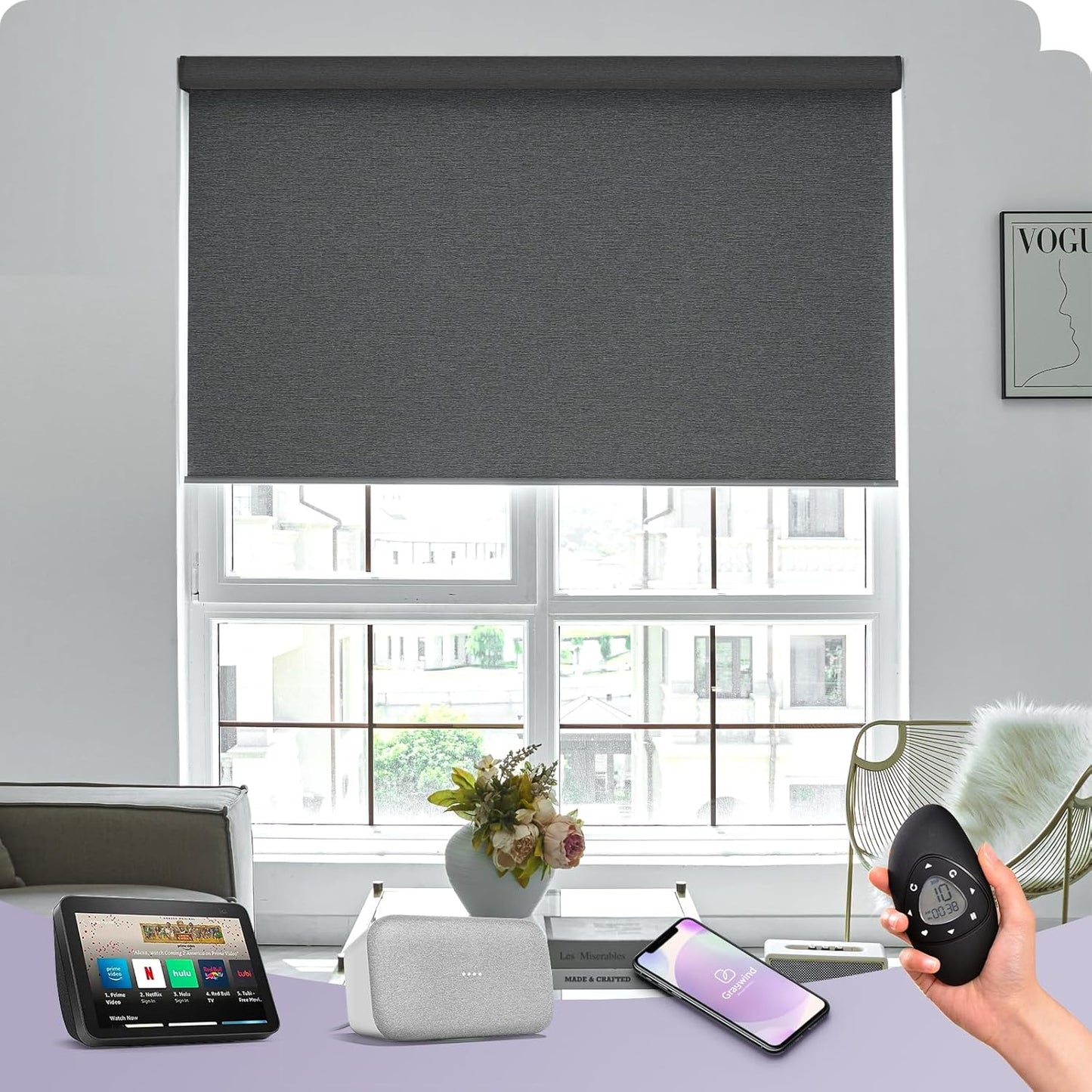 Graywind Smart Blackout Roller Shades Work with Alexa Google Textured Fabric Rechargeable Motorized Blinds Cordless Remote Control Window Shades, Custom Size (Frequency Nero)