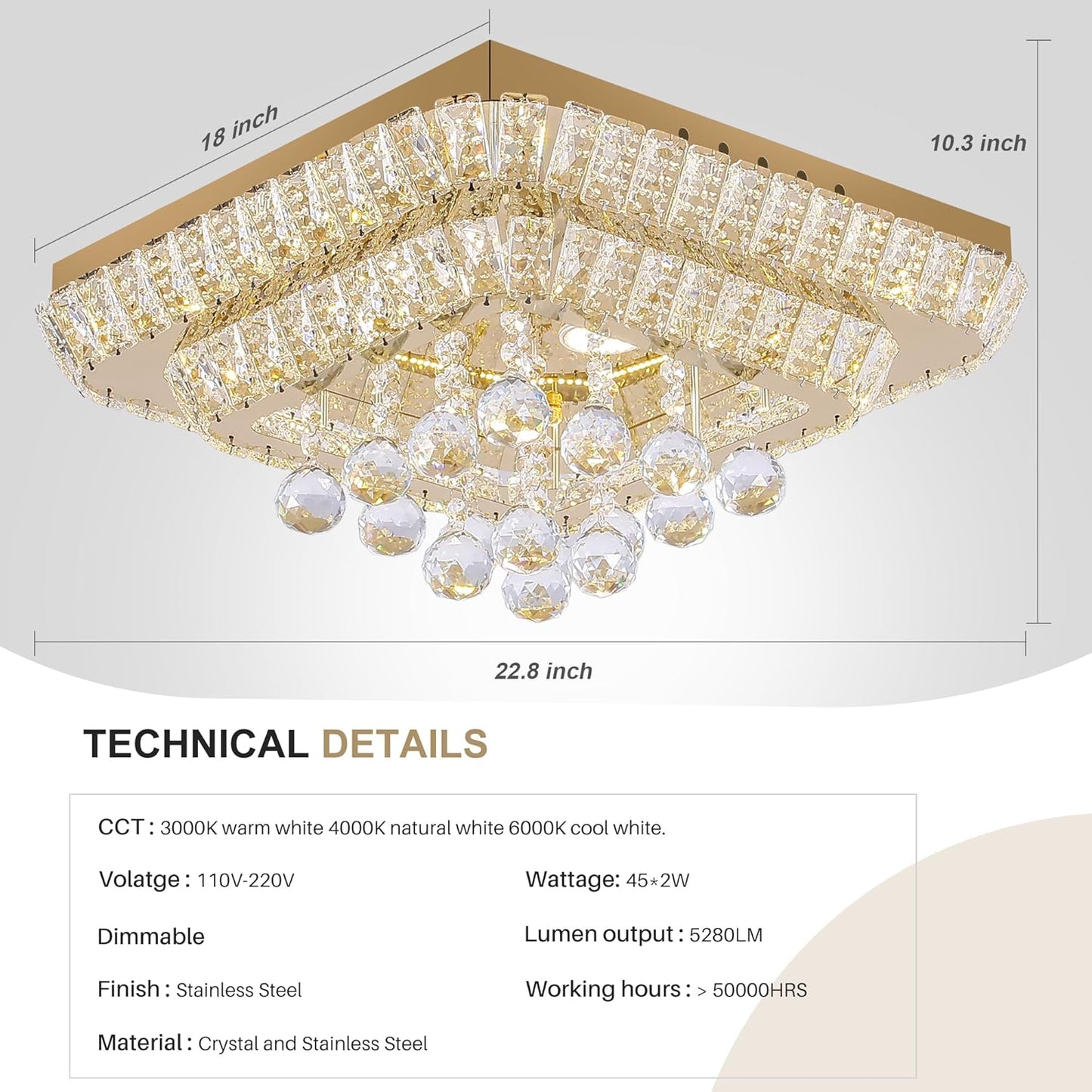 18 inch Crystal Flush Mount Gold Chandelier Remote/APP, Modern Raindrop LED Ceiling Light, 3CCT Dimmable & Brightness Adjustable,Elegant Chandeliers for Bedroom Hallway Dinning Room Living Room