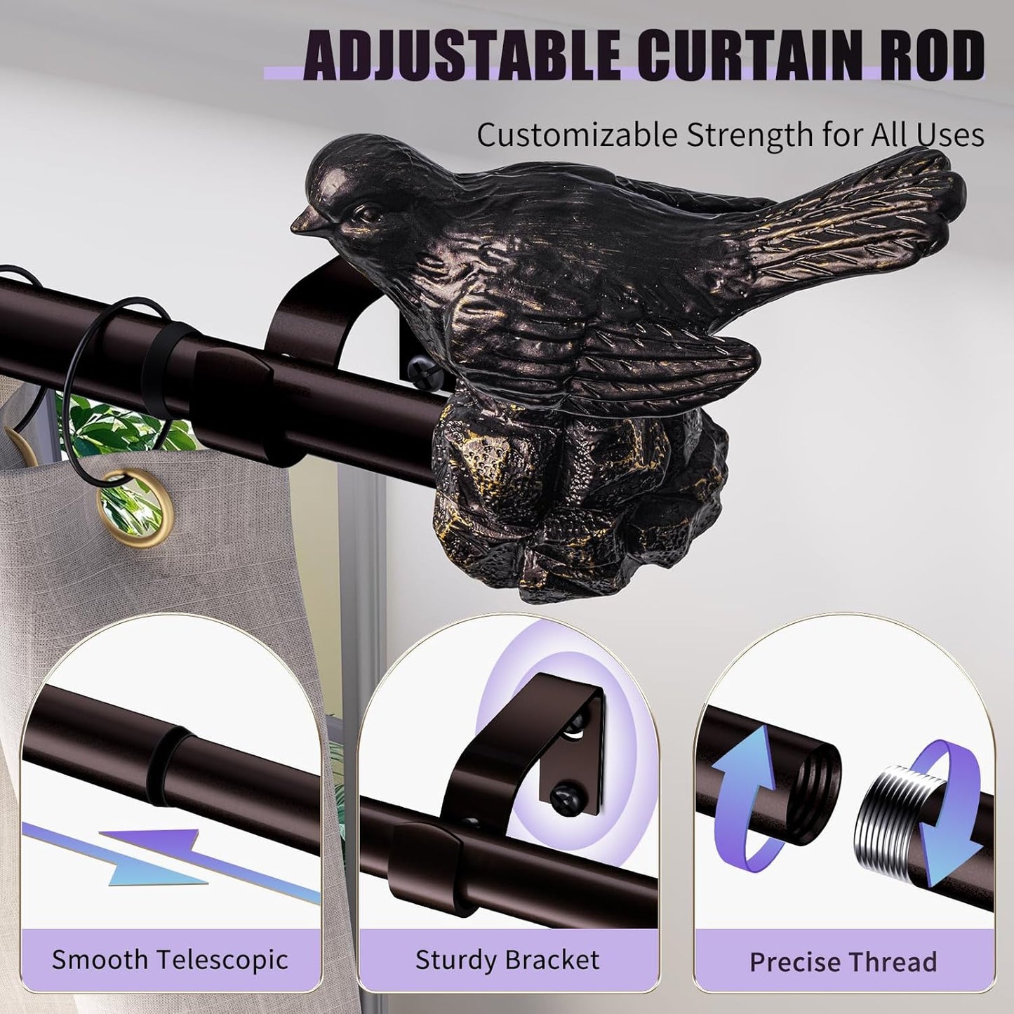 Curtain Rods 36"-120" Vintage Oil Bronze Curtain Rods for Windows Adjustable Drapery Rod with Bird Finials Heavy Duty Brown Curtains Rod for Living Room Bedroom