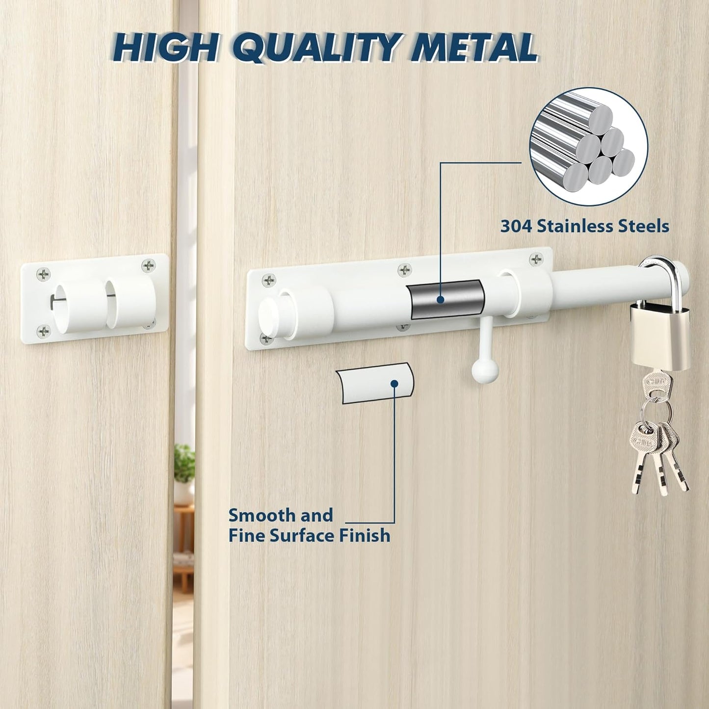 Alise 10 inch Barrel Bolt Latch,Slide Bolt Latch,Heavy Duty Solid SUS304 Stainless Steel Slide Lock for Wooden Fence,Barn Door,Interior or Outdoor Door White MS9200-W