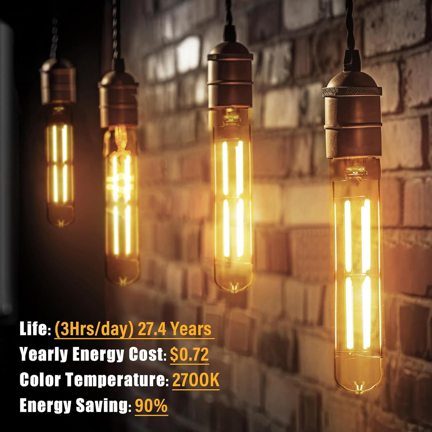 8.9IN LED Light Bulbs E26 Base, 6W 800LM 2700K Soft White T10 T9 Vintage Edison Bulbs Dimmable, AC 120V Equal 80 Watt Clear Glass Long Tubular Filament Bulb, UL Listed - 4Pack