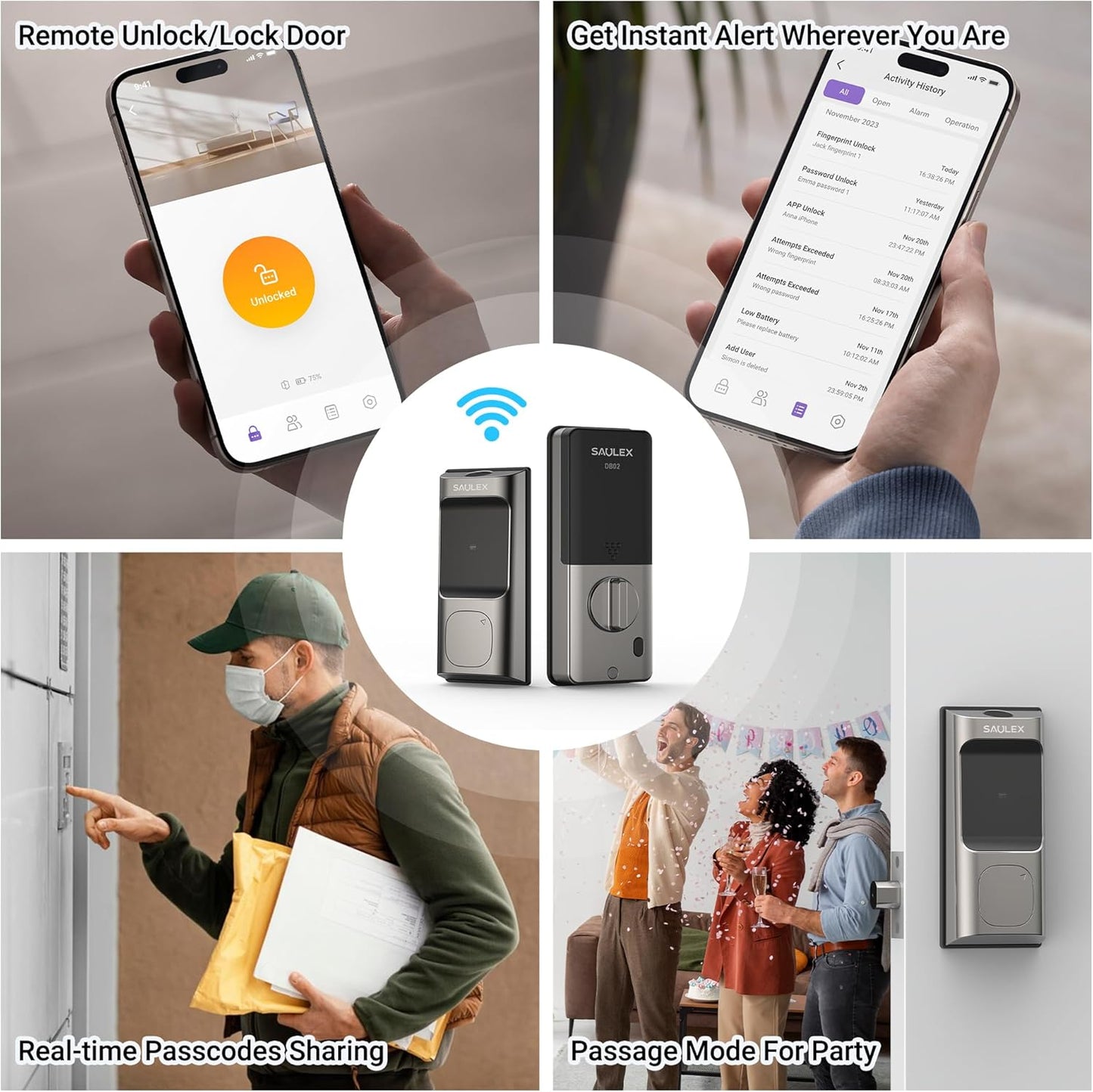Saulex DB02 Smart Lock, Built-in Wi-Fi,5-in-1 Keyless Entry Front Door Lock, Keypad Deadbolts with App Control, Easy Installation,Auto-Unlock.