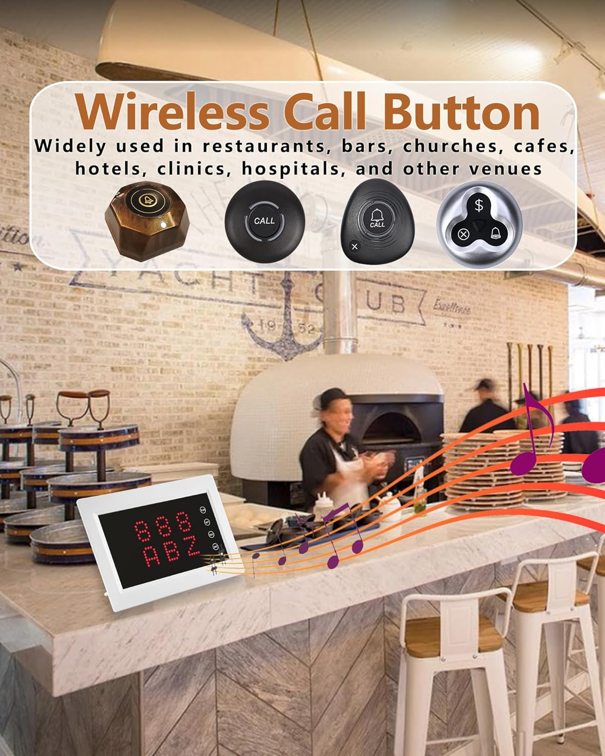 Wireless Calling System Call Waiter Restaurant Pager System with 1 Number Display and 10 3-Key Waterproof Call Buttons for Restaurant Bar Cafe Customer Service