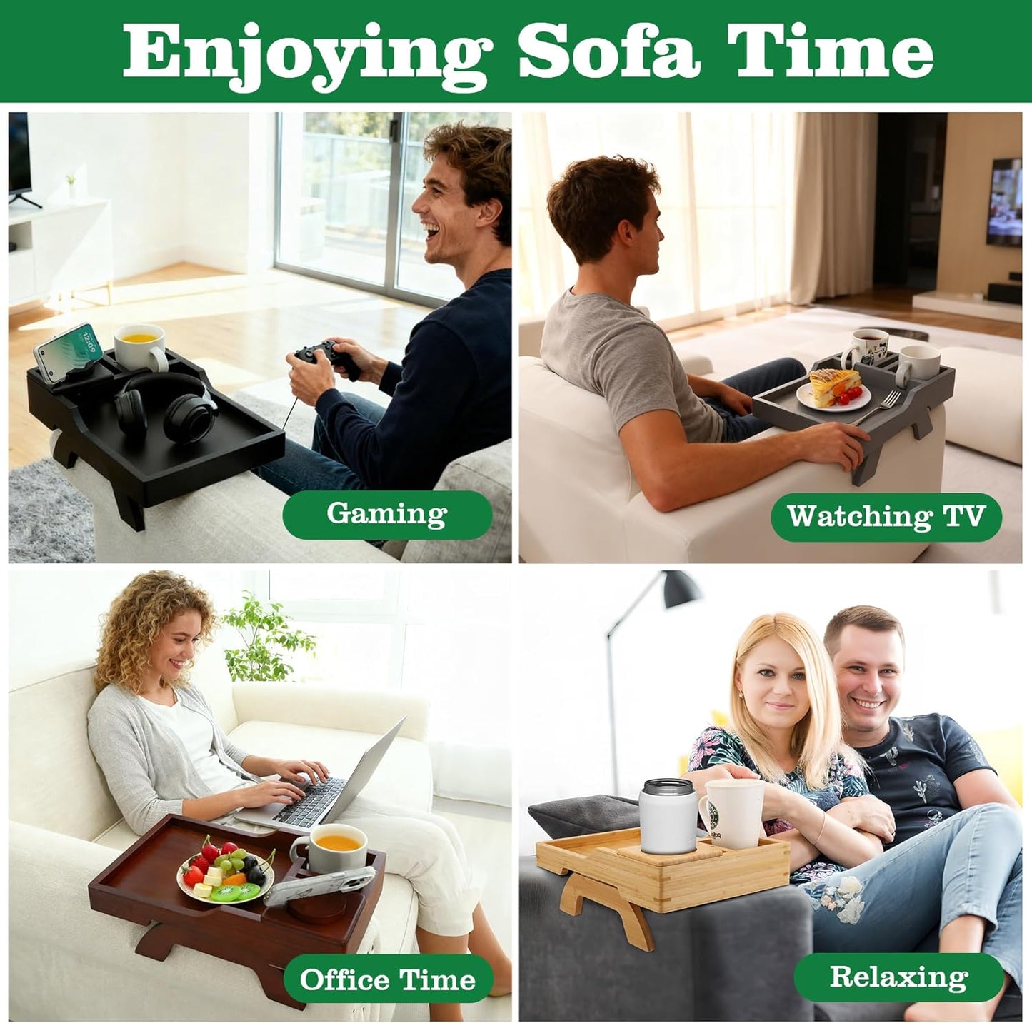 Couch Cup Holder Tray, 15.4"x9.9" Large 4 in 1 Couch Arm Tray with 360°Rotated Phone Holder, Non-Slip Clip on Side Table for Drinks/Remote/Snacks, Ideal Gift for Husband, Wife, Parents