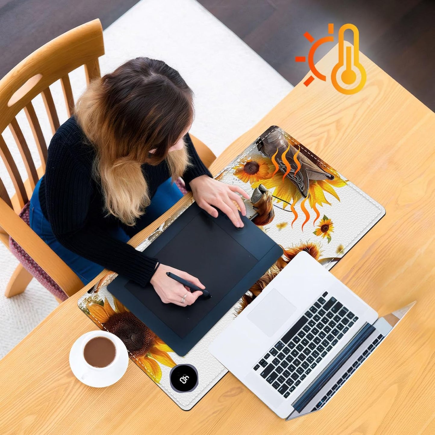 Heated Mouse Pad, Warm Desk Pad, Keyboard Mat 23.6 x 14 Inch Large Size Intelligent Fast Heating, 3 Speed Adjustable, Timed Auto Power Off for Game Office Home, Sunflower Highland Cattle
