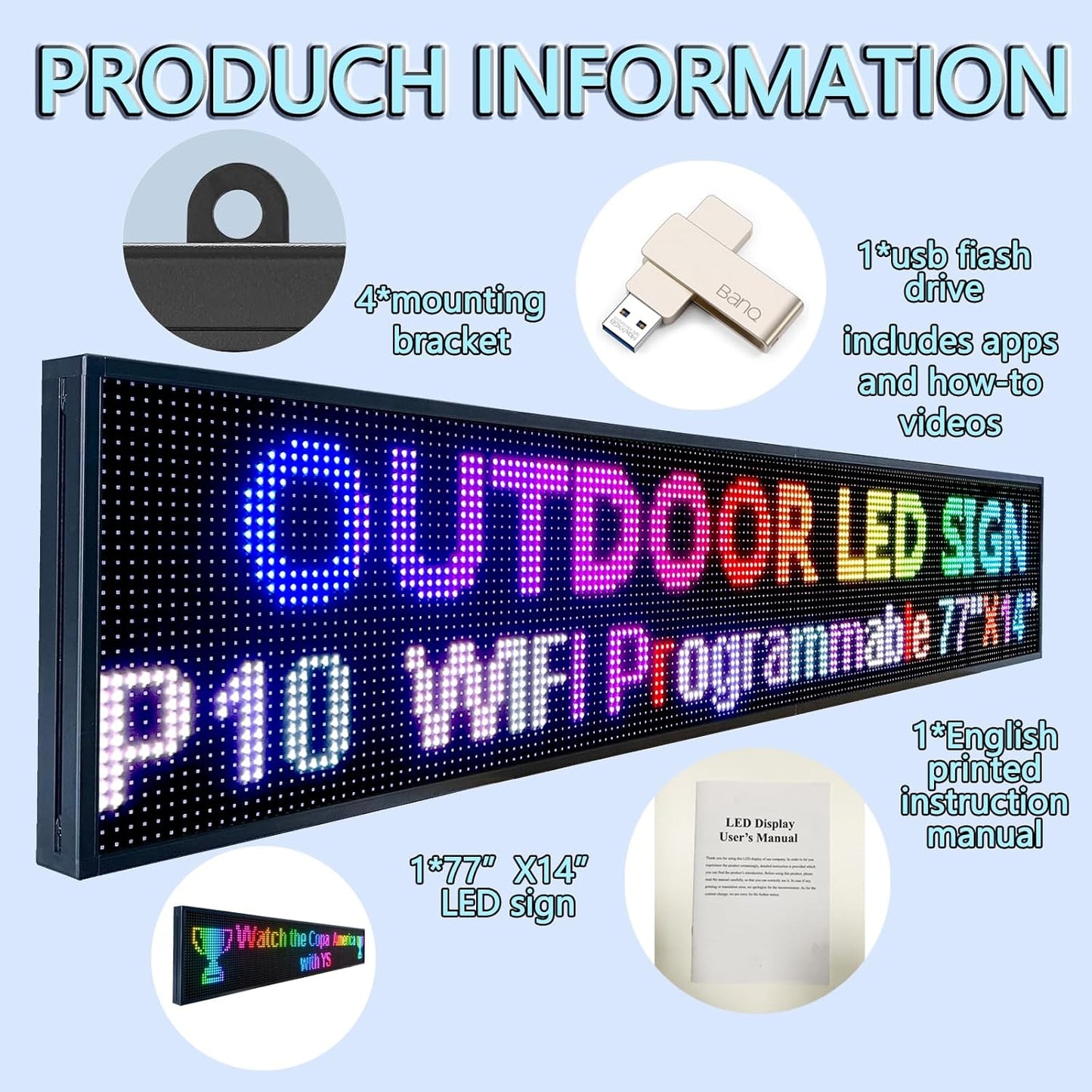 P10 Outdoor Led Sign 77"x14" WiFi Programmable with High Brightness Scrolling LED Sign for Business Digital Advertising Display Electronic Message Board