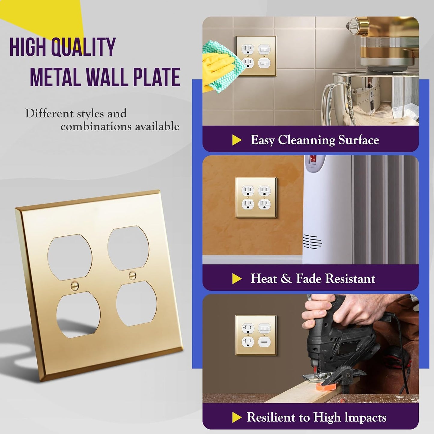 ENERLITES Double Duplex Receptacle Metal Wall Plate, Socket Outlet Switch Cover, Stainless Steel 201, Corrosion Resistant, Size 2-Gang 4.50" x 4.57", 7722-PB, Polished Brass, Gold