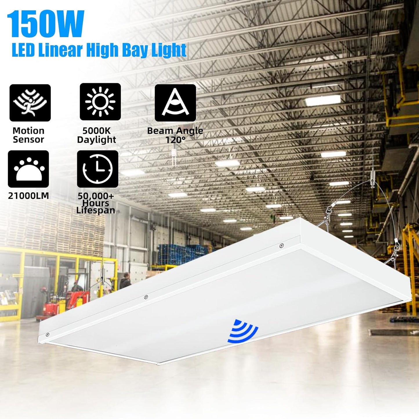 2FT LED Linear High Bay Shop Light with Motion Sensor, 150W High Bay Led Shop Lights, 21000LM 5000K Linear Hanging Shop Light, 400W-500W HPS Eqv., 100-277V Commercial Hanging Lamp for Garage Warehouse