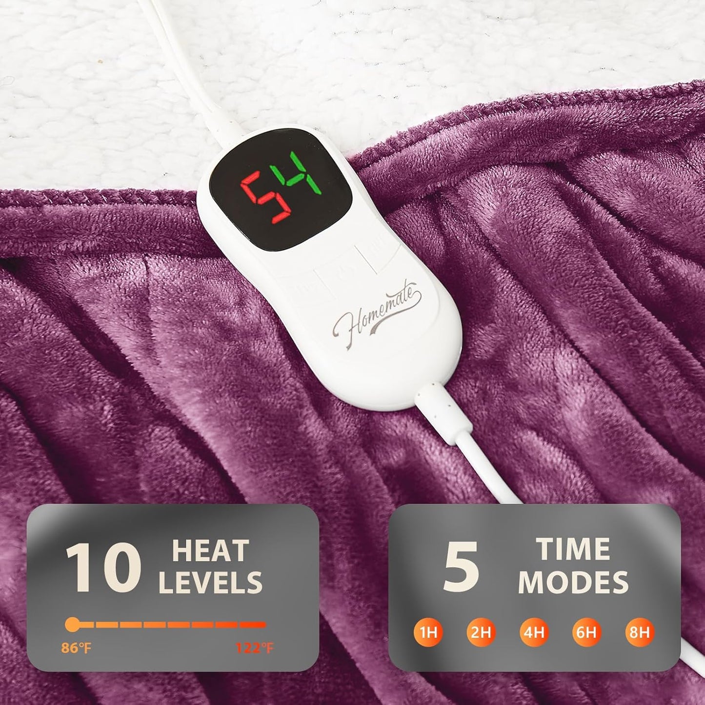 Homemate Electric Heated Blanket Full - 72"x84" Heating Bed Blankets Throw with 10 Heating Levels 8 Hours Auto Off Fast Heating Over-Heated Protection Ultra Soft Warm Flannel ETL Certified Purple