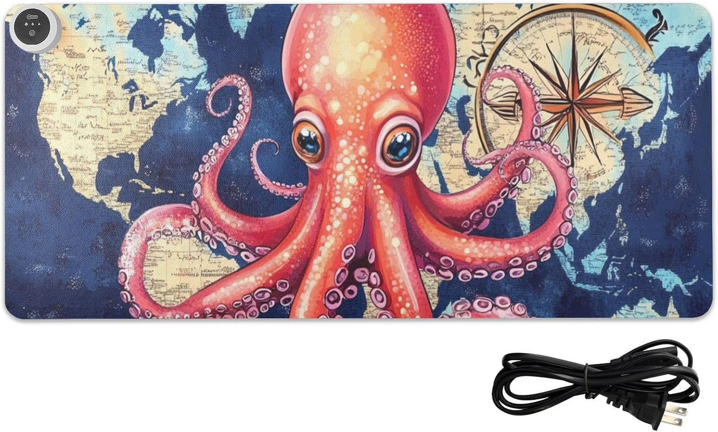 Heated Desk Pad Mouse Pad 31.5x13 Inch PU Leather Desk Mat with 3 Heat Levels Large Mouse Gaming Computer Laptop Mat Blue World Map and Octopus