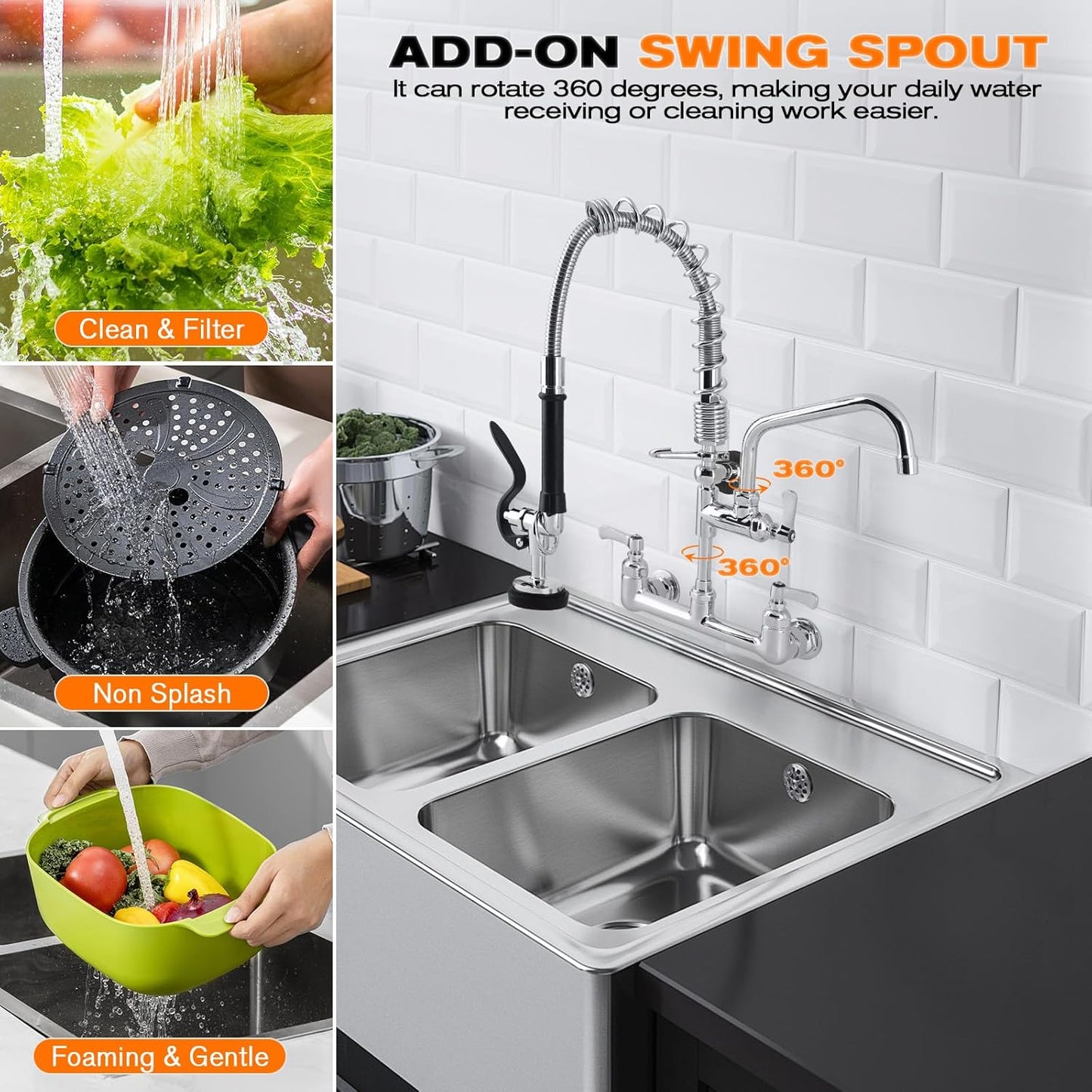 43" Height Commercial Faucet with Sprayer, 8" Adjustable Center & 12" Add-on Swing Spout, Wall Mount Pre Rinse Commercial Sink Faucet for Commercial Restaurant Industrial Kitchen