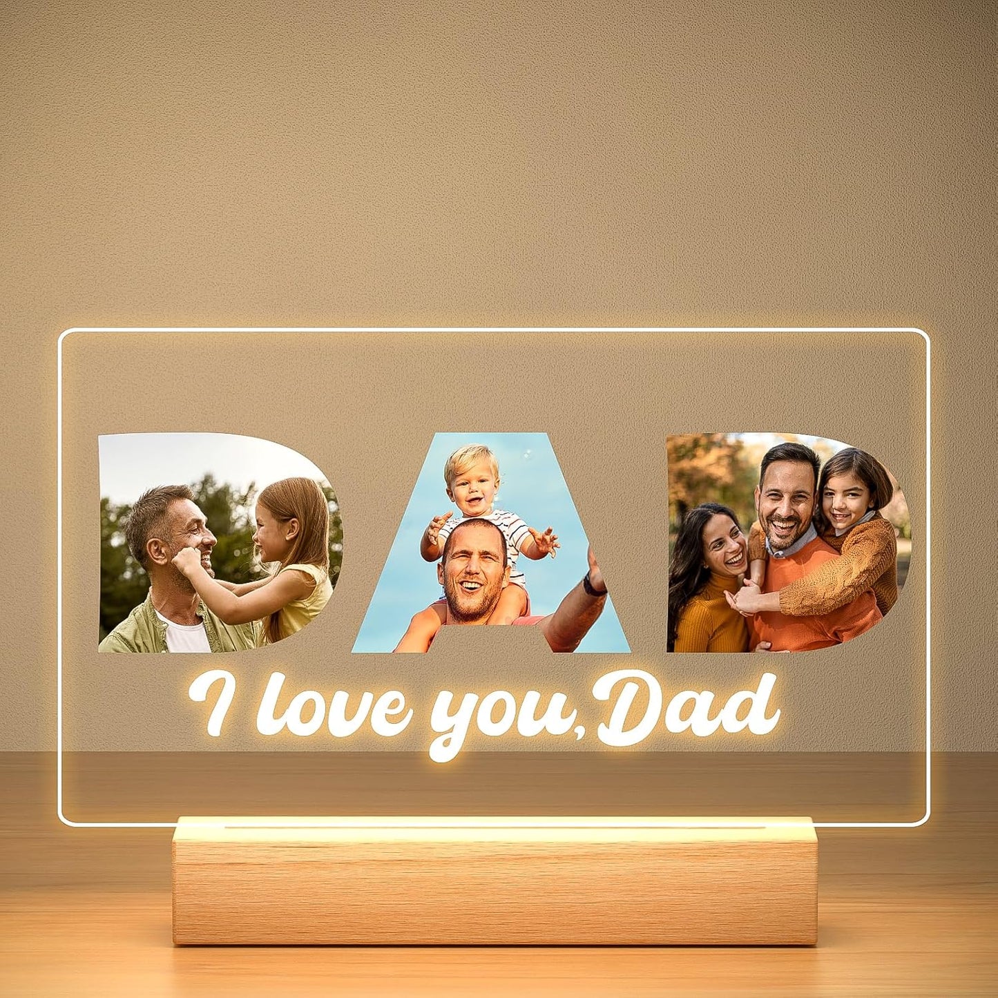 Custom Picture Frames with Photo, Custom Photo Frame with Night Light, Personalized Picture Frame, Personalized Valentines Day Gifts for Dad from Daughter & Son