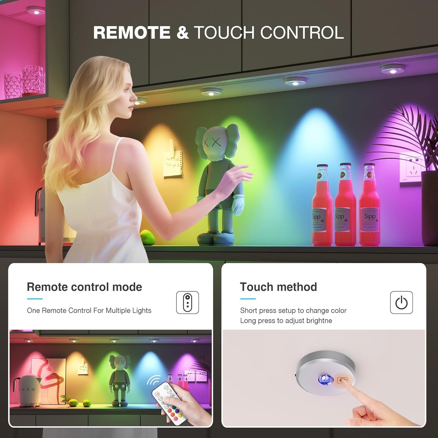 RGB Puck Lights with Remote Control, 2000mAh Battery Operated Tap Lights Rechargeable, 9 Colors & 2 Dynamic Changing Under Cabinet Lighting, Magnetic Stick on Light for Closet(Silver, 3 Pack)