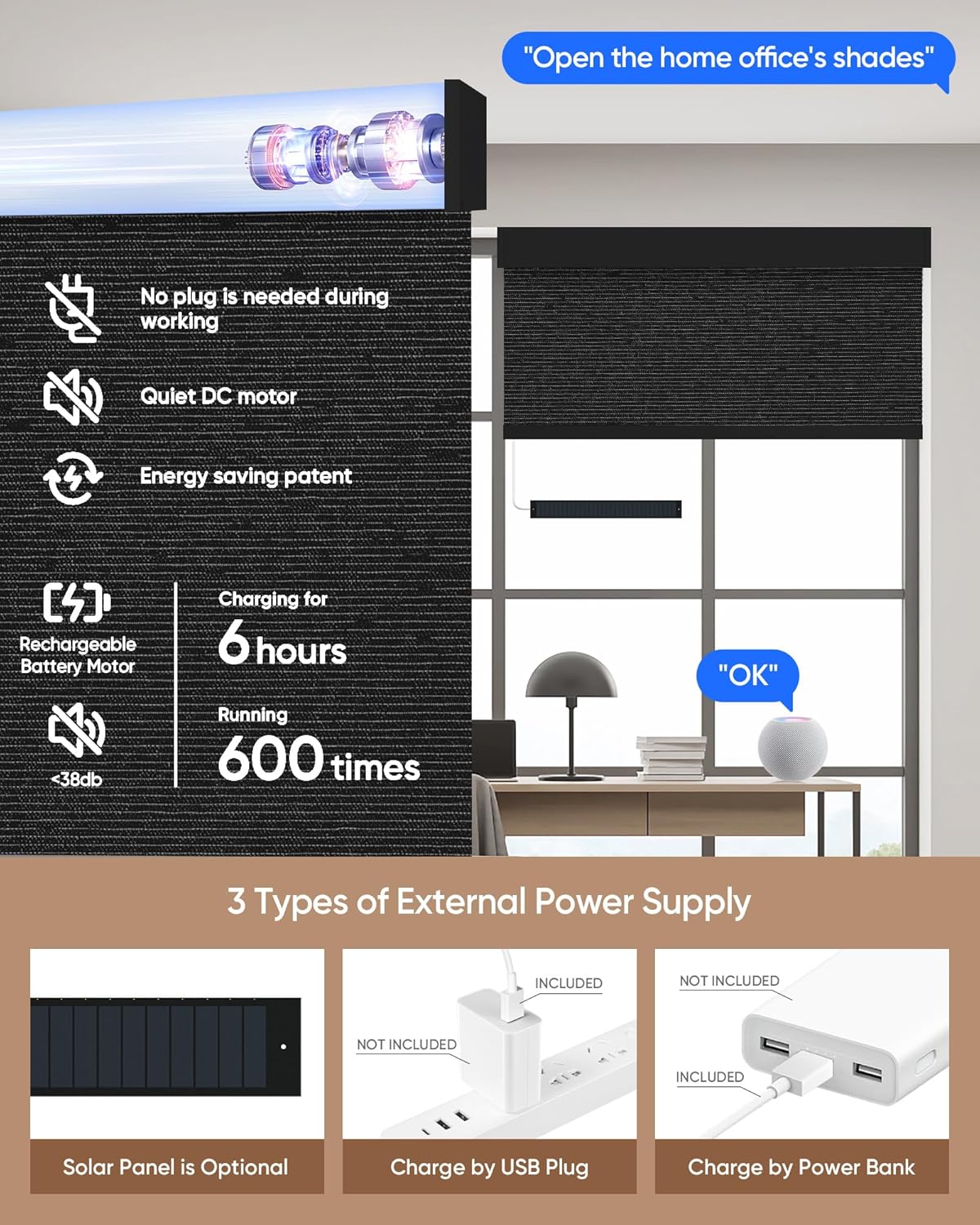 Kincmo Motorized Blinds with Remote,100% Blackout Motorized Roller Shades Work with Apple Homekit,Alexa,Google, Custom Electric Blinds with App,Voice Control (Eclipse Obsidian Black)