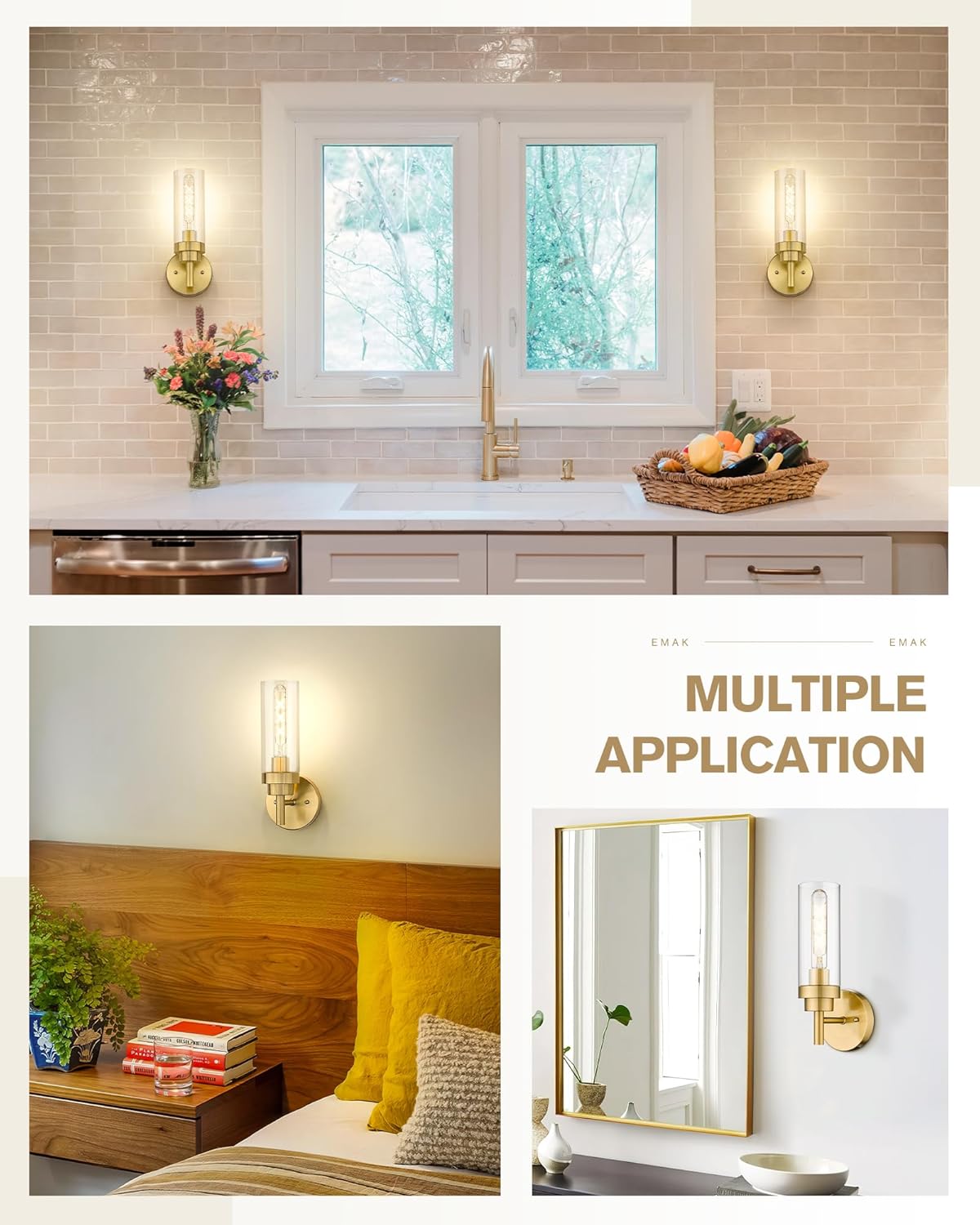 Emak Brushed Gold Sconces Wall Decor Set of 2, Modern Bathroom Light Fixtures Wall Sconce with Clear Glass Shade for Bathroom, Bedroom, Living Room, Hallway, WS085-BGD-2PK