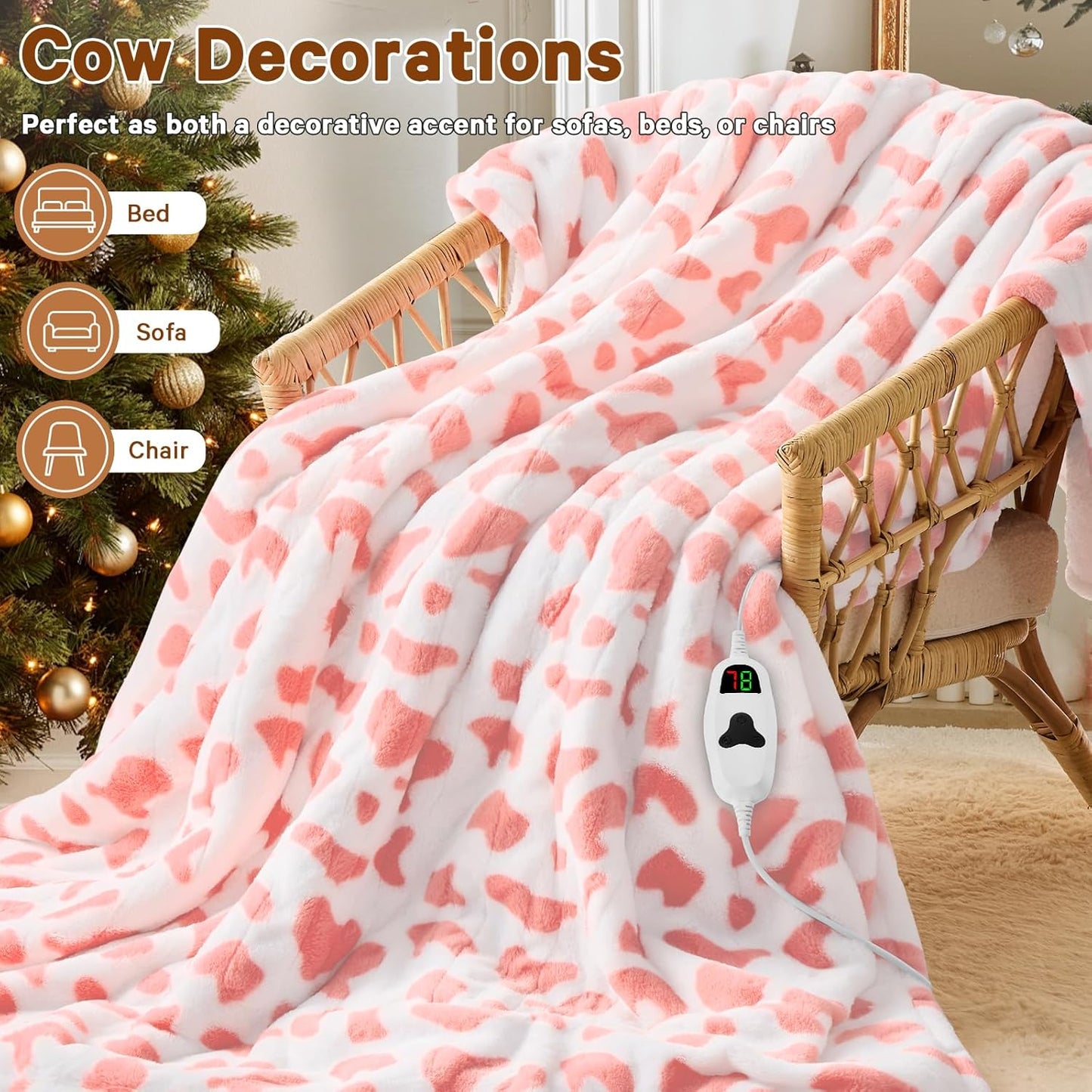 Cow Print Heated Electric Blanket Twin,62X84 Pink Heating Blanket with 10 Heats Levels & 8 Hours Auto Off,Cute Cow Decor Fleece Sherpa Blankets Warmer Gifts for Women Couch Office,Washable