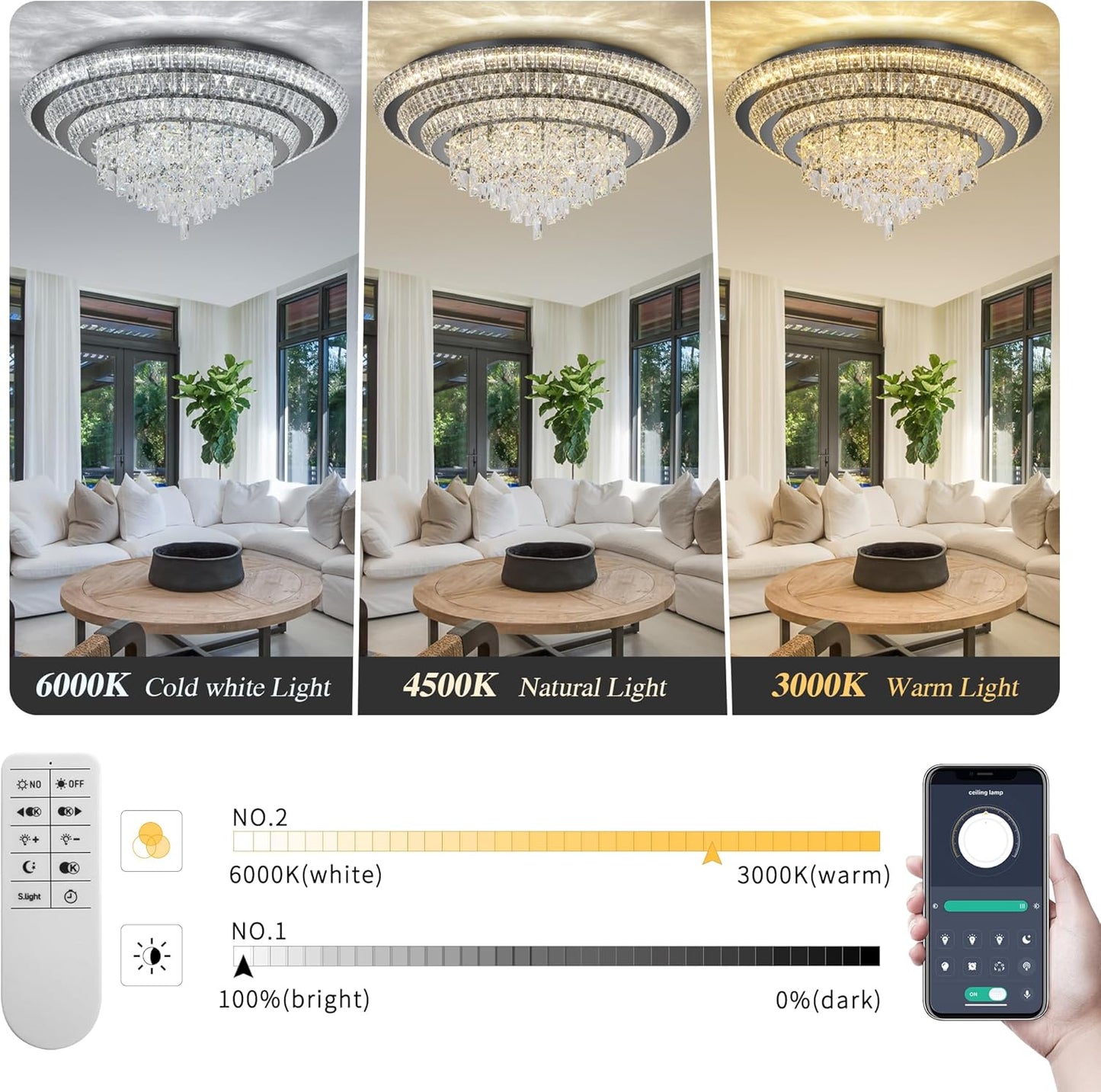 30 inch Crystal Black Ceiling-Light Flush Mount with Remote Control and APP, 3CCT Dimmable & Brightness Adjustable, Modern Crystal Raindrop Chandeliers for Bedroom Hallway Dinning Room Living Room
