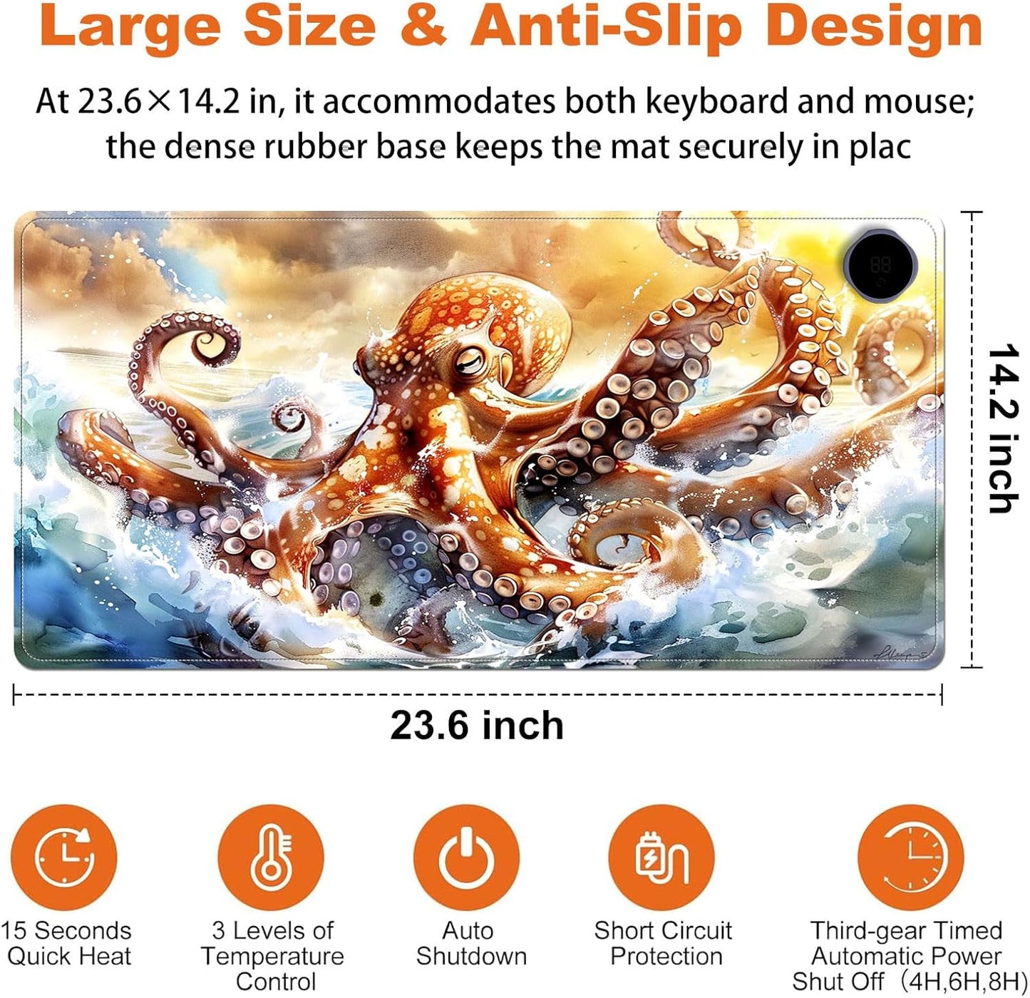 Small Heated Desk Pad 23.6" x 14.2" – Compact Electric Mouse Pad with 3 Heating Levels, Auto Shut-Off, Waterproof PU Surface, Plug-in Warmer for Office or Home Use, Ocean Octopus