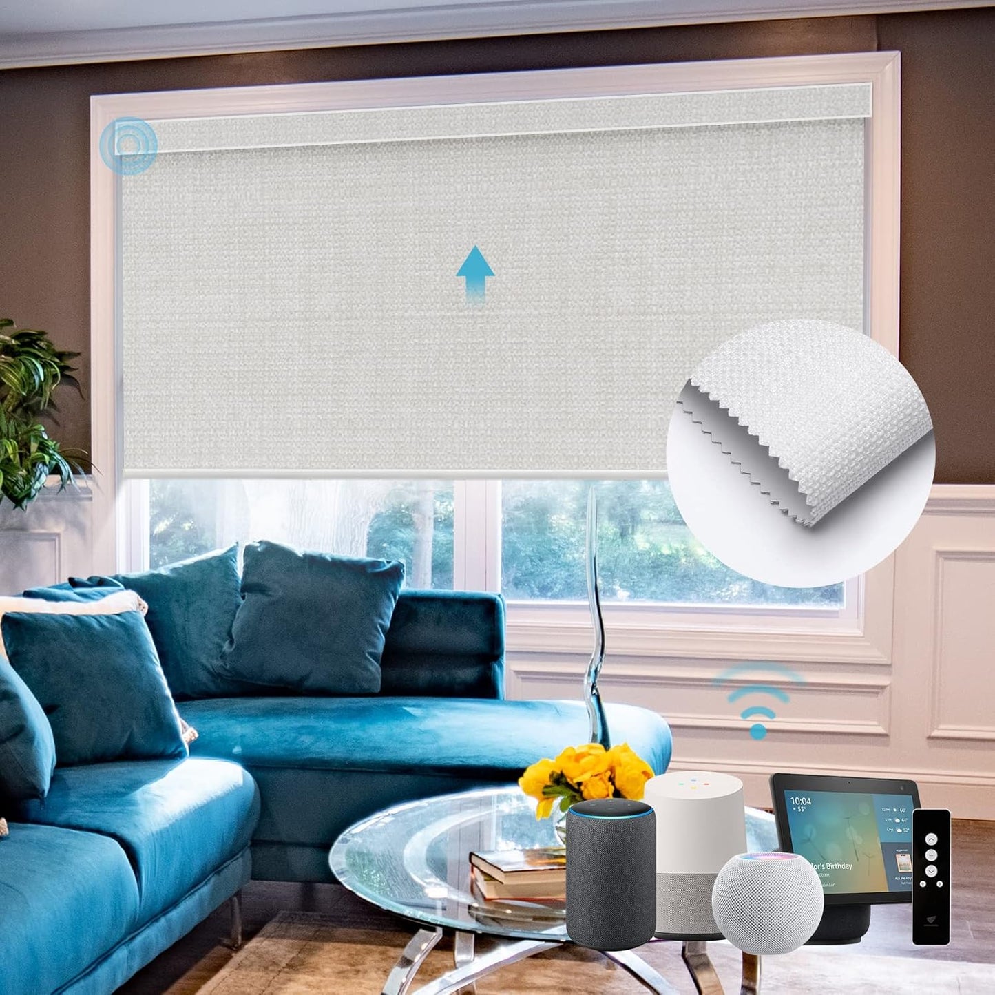 SmartWings Motorized Roller Shades Work with Homekit, Alexa Google, 100% Blackout Smart Blinds for Windows, Cordless Remote Control Window Shades, Vigor White, Customized Size