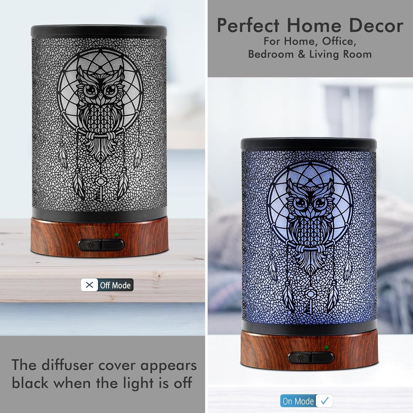 EQUSUPRO Essential Oil Diffuser 150ml Metal Aromatherapy Oil Diffuser Ultrasonic Cool Mist Diffuser with Auto Shut-Off Protection,7 Colors Changed LED for Home Office SPA Yoga (Owl)