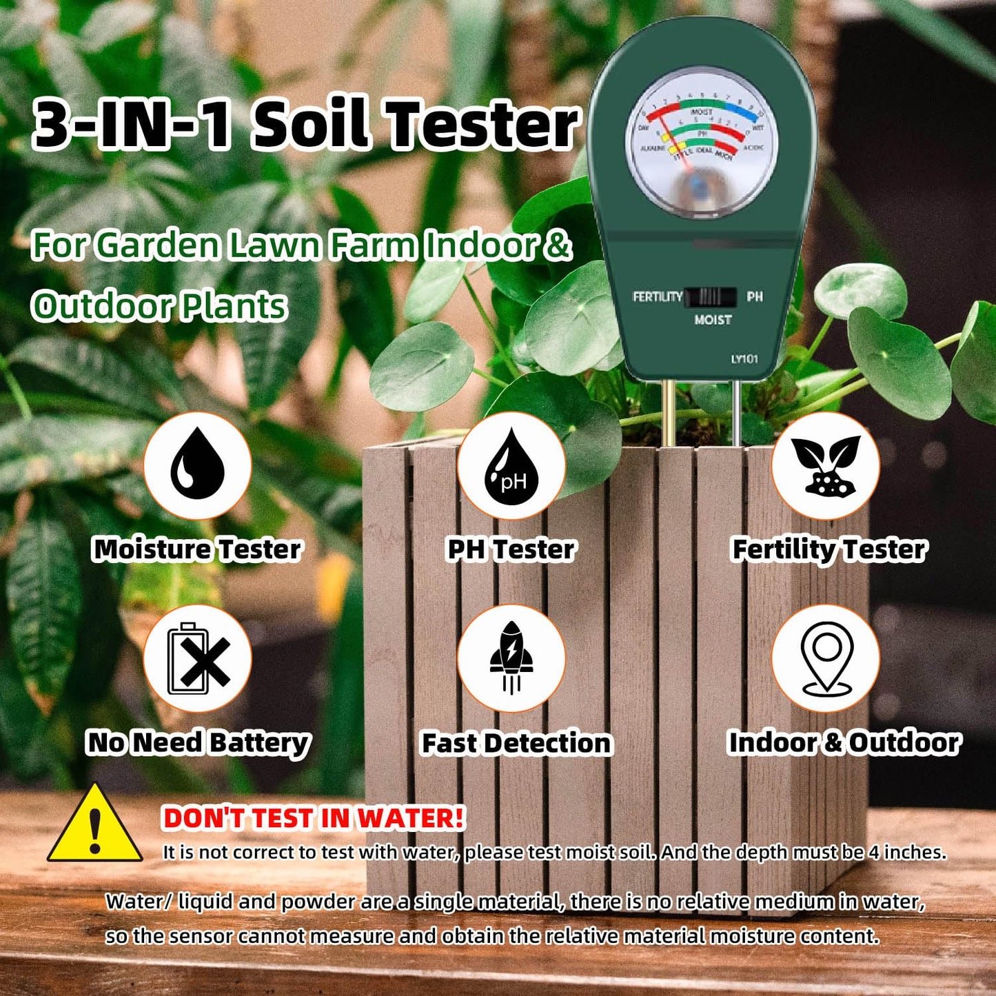 3-in-1 Soil Moisture Meter pH & Fertility Tester, No Battery Needed Plant Soil Test Kit for Houseplants, Garden, Lawn & Farm, Plug-and-Read Soil Acidity Meter for Indoor Outdoor Potted Plants (Green)