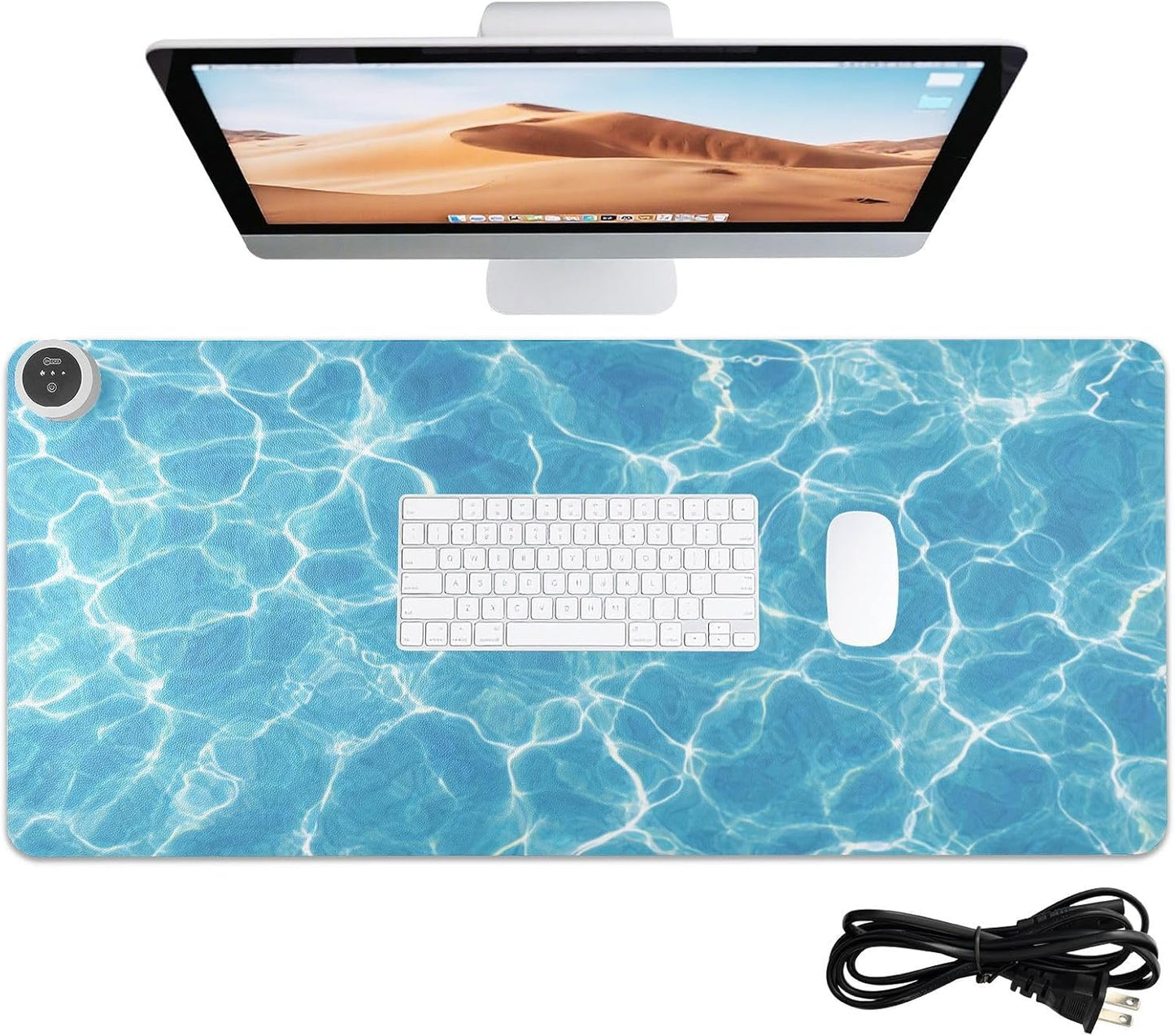 Heated Desk Pad Mouse Pad 31.5x13 Inch PU Leather Desk Mat with 3 Heat Levels Large Mouse Gaming Computer Laptop Mat Bright Blue Pool Ripples
