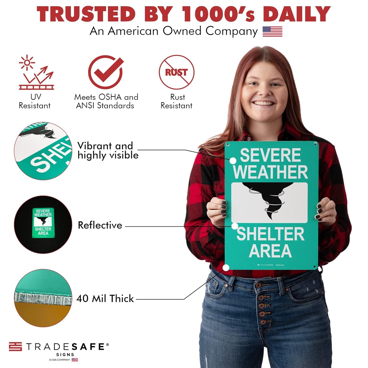 TRADESAFE Severe Weather Shelter Area Sign - Storm Shelter Sign, Quick Install, Light Reflective, UV-Resistant, Waterproof, 10” X 14” Aluminum Safety Signs for Business