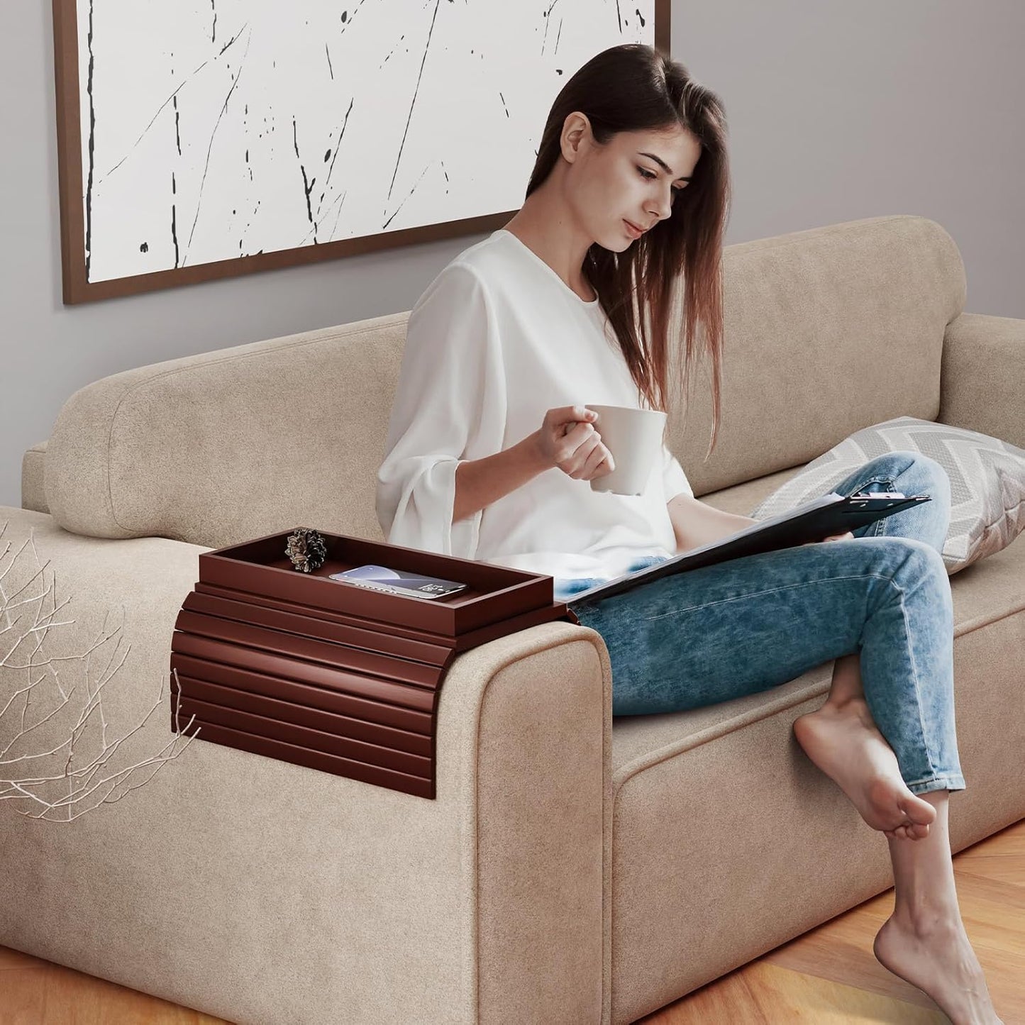 Bamboo Sofa Armrest Tray Table for Couch - 2-in-1 Foldable Couch Arm Table with Be Slide Detachable Tray- Anti-Slip Sofa Armchair Caddy for Drinks Cellphone TV Remote Snacks(Walnut)
