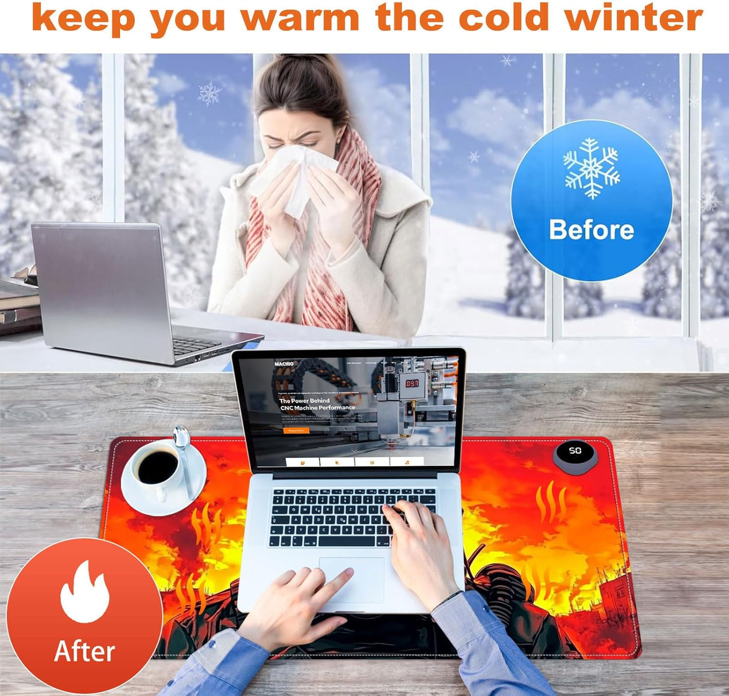 Heated Mouse Pad for Desk 31.5" x 13" – PU Leather Warm Desk Pad with 3 Heat Levels (104°F/113°F/122°F), Plug-in Electric Heating Mat with Auto Shut-Off, Waterproof & Rollable, Mask Soldier