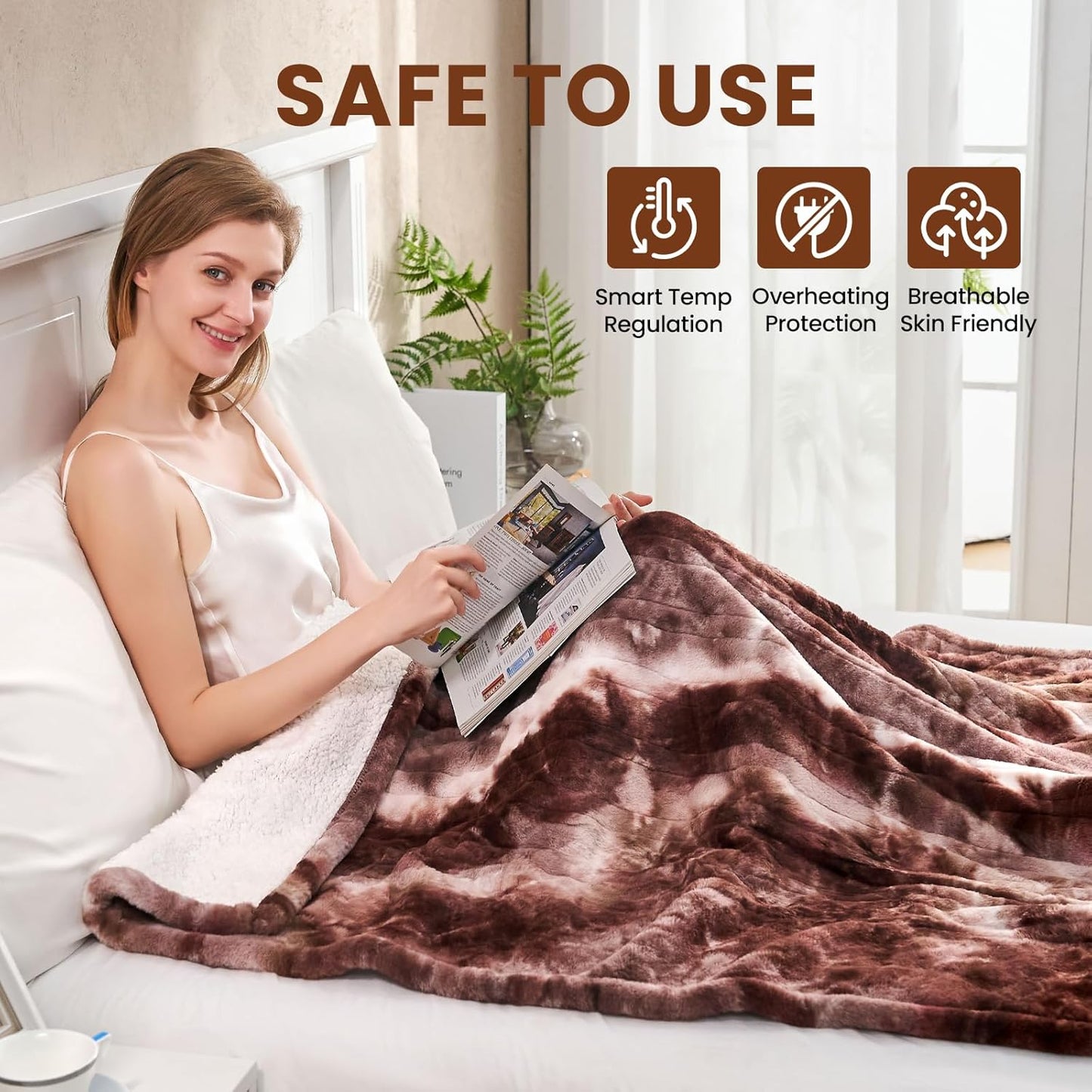 Electric Heated Blanket 90"x100",Luxury White Coffee Faux Rabbit Fur Electric King Blanket,Fast Heating Soft Fluffy Thick Electric Blanket with 6 Heating Levels & 12H Auto Off