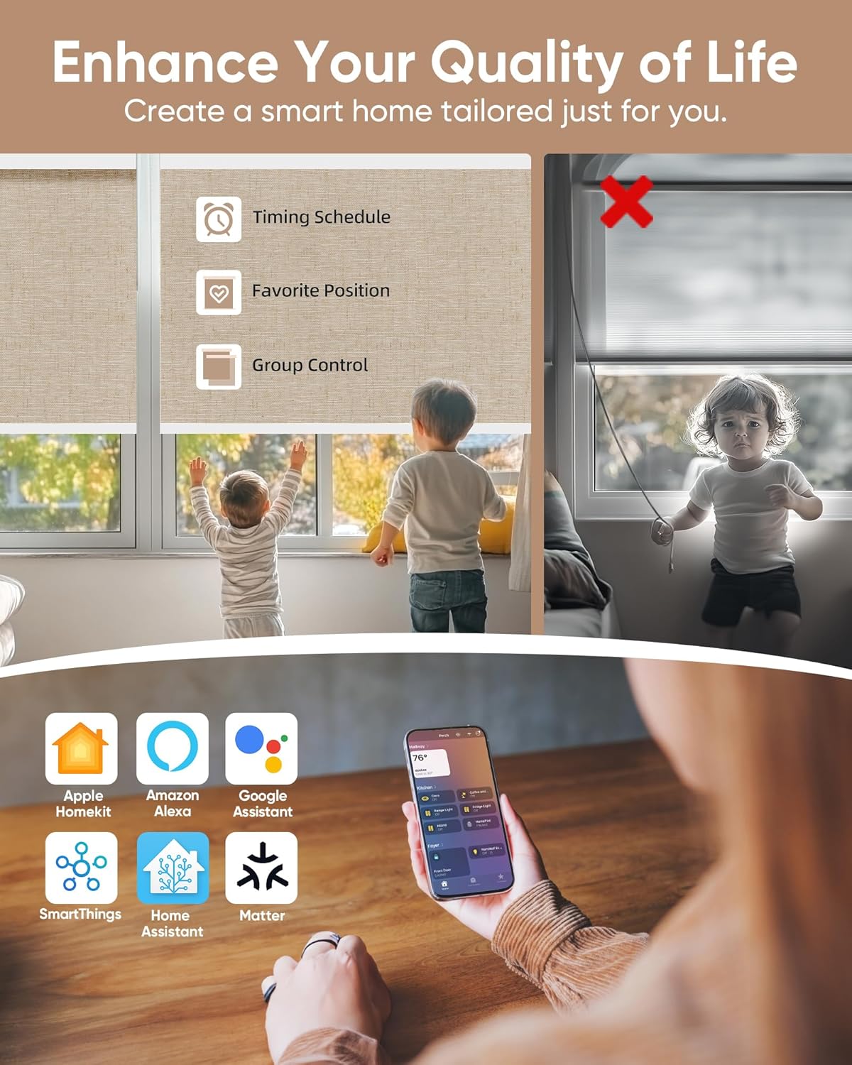Kincmo Motorized Blinds with Remote,100% Blackout Motorized Roller Shades Work with Apple Homekit,Alexa,Google, Custom Electric Blinds with App,Voice Control (Linen Caramel)
