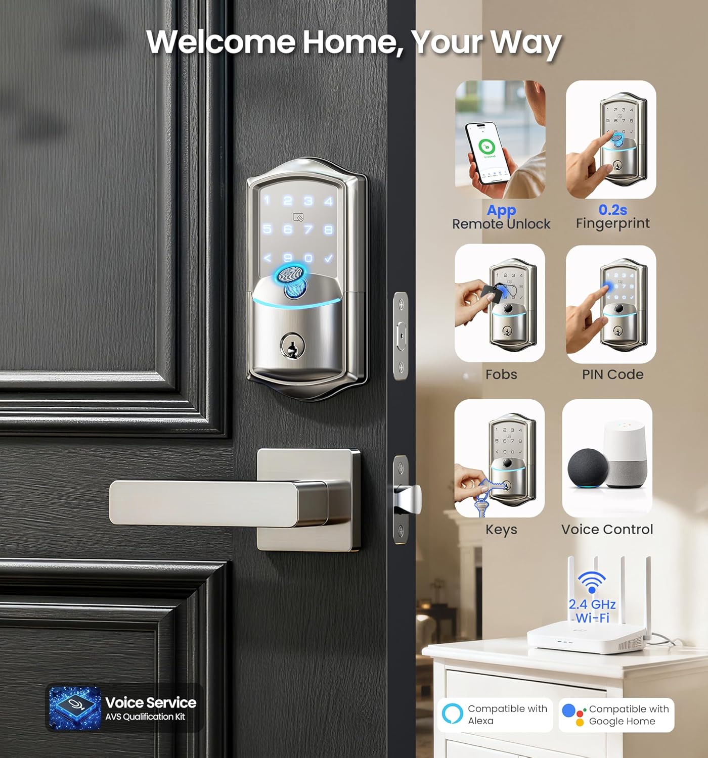 Veise VE027-L Built-in WiFi Smart Door Lock with Lever Handle Set, Fingerprint keyless Entry Door Lock, App Remote Control, Electronic Digital Keypad Deadbolt for Front Door, Auto Lock, Satin Nickel
