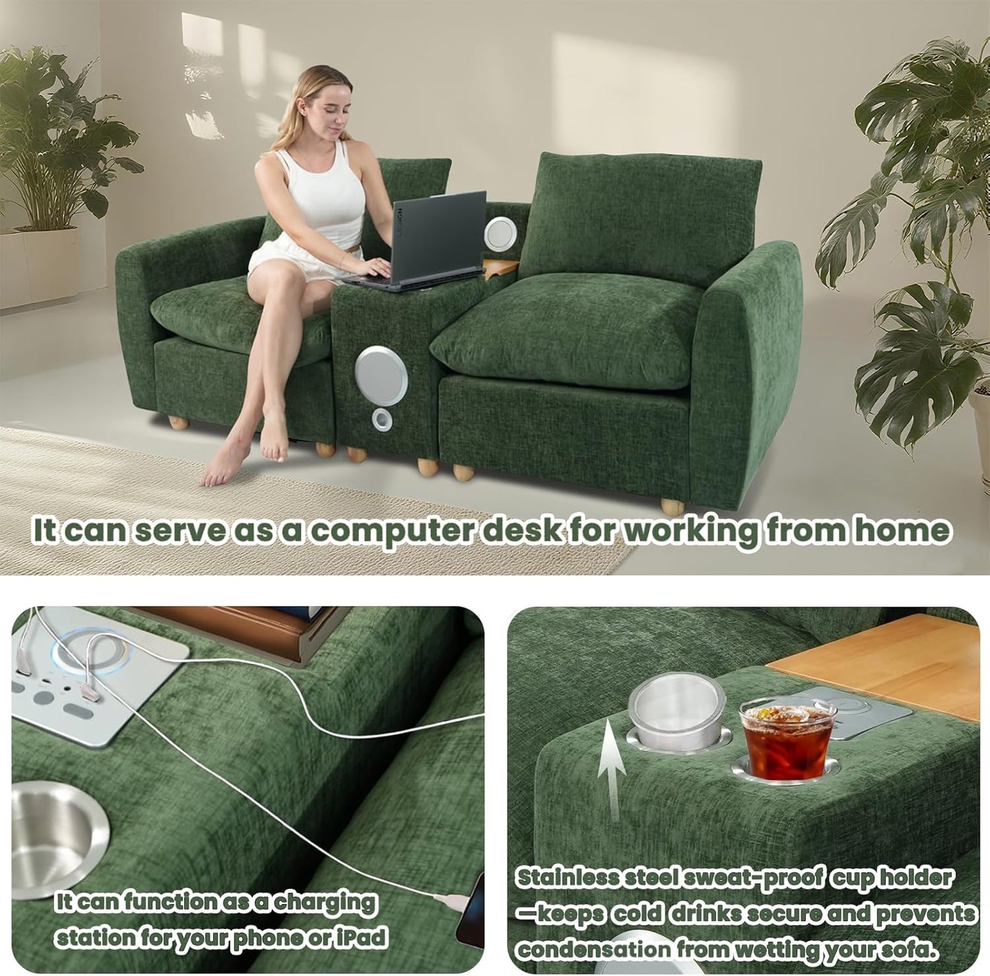 Brelice Modular Sofa Console with Wireless Charging & Bluetooth Speaker - All-in-One Armrest Organizer with Wired Charging, Storage Tray, Volume Control for Sectional Couch, Living Room