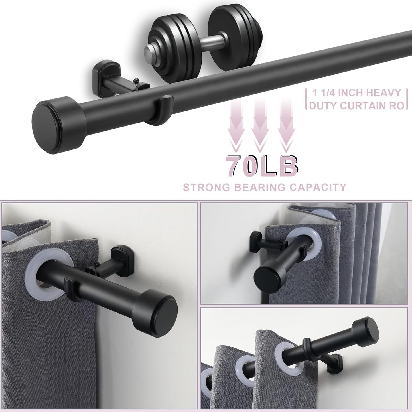Heavy Duty Curtain Rods,1 1/4" Large Diameter Premium Nonadjustable Curtain Rod,96in/8ft Custom Window Treatment Rods with Durable Aluminum Brackets and End Caps,Black Finish