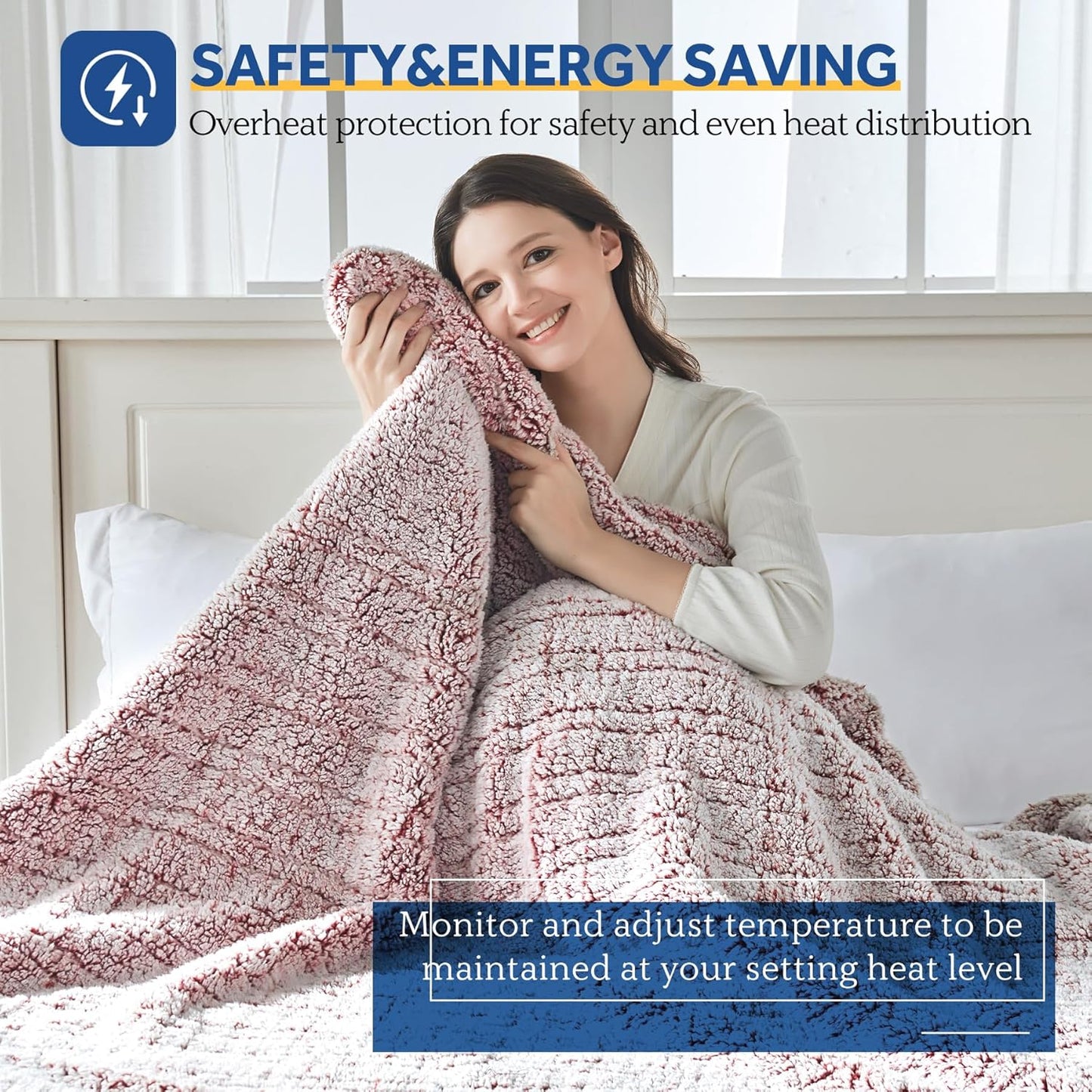 Sealy Electric Blanket Queen Size, Dual Control Soft Sherpa Heated Blanket with 10 Heating Levels & 1 to 12 Hours Auto-Off Settings Over-Heated Protection 84"x90" Machine Washable, Rust Red