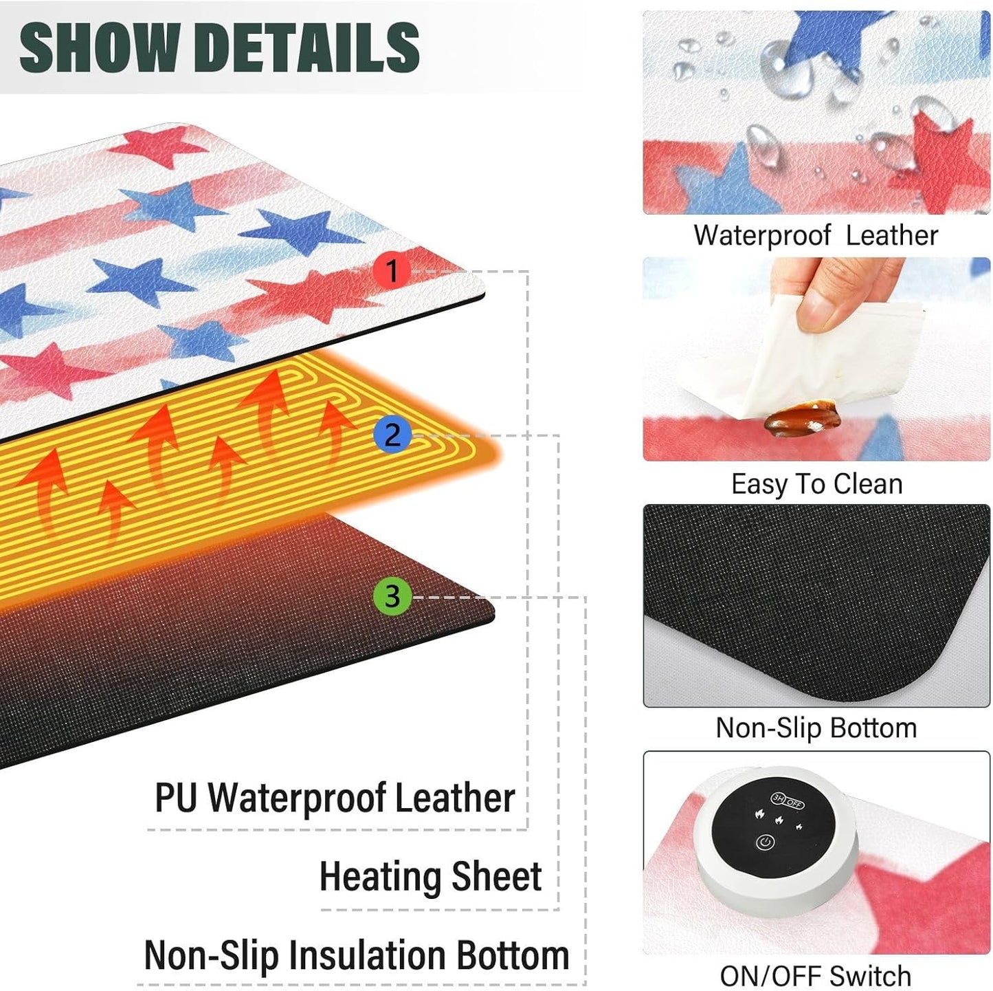 Heated Desk Pad Mouse Pad 31.5x13 Inch PU Leather Desk Mat with 3 Heat Levels Large Mouse Gaming Computer Laptop Mat July 4th Stripes Stars White