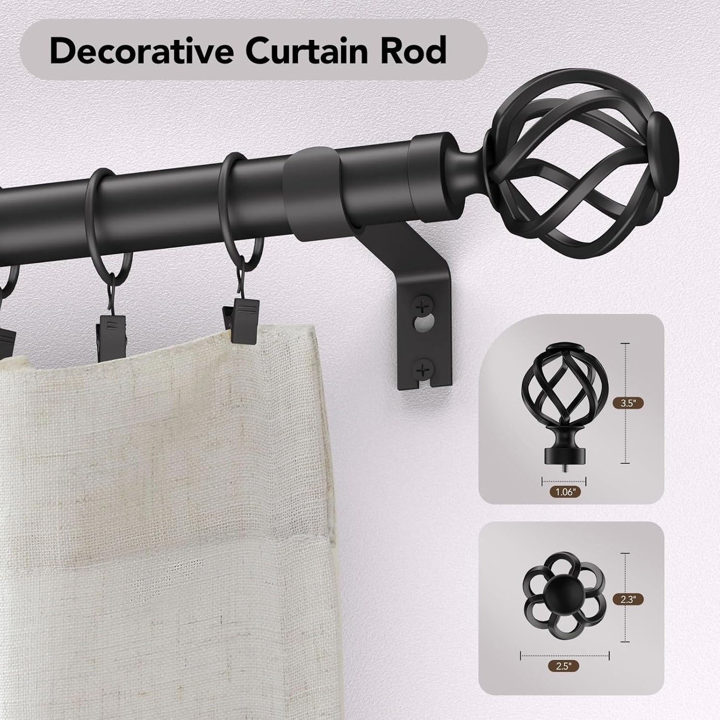 2 Pack Curtain Rods for Windows 66 to 120, 1 Inch Adjustable Decorative Long Black Curtain Rod with Twisted Cage End, Modern Heavy Duty Indoor Outdoor Drapery Rods for Patio, Size 32"-120"