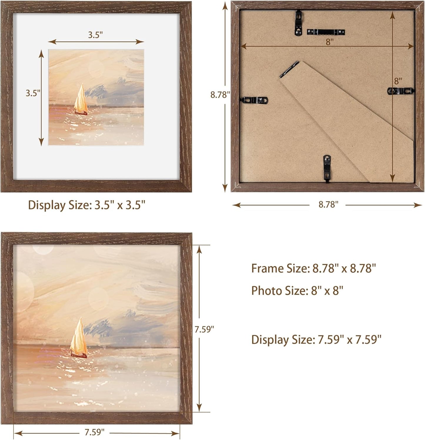 Fun Memories 8x8 Square Picture Frame, Solid Oak Wood 8"x8" Photo Frames - Real Tempered Glass, 8x8 Frame with Stand for Tabletop Display, 8 x 8 Wood Frame for Wall (Walnut Color, 1 Pack)
