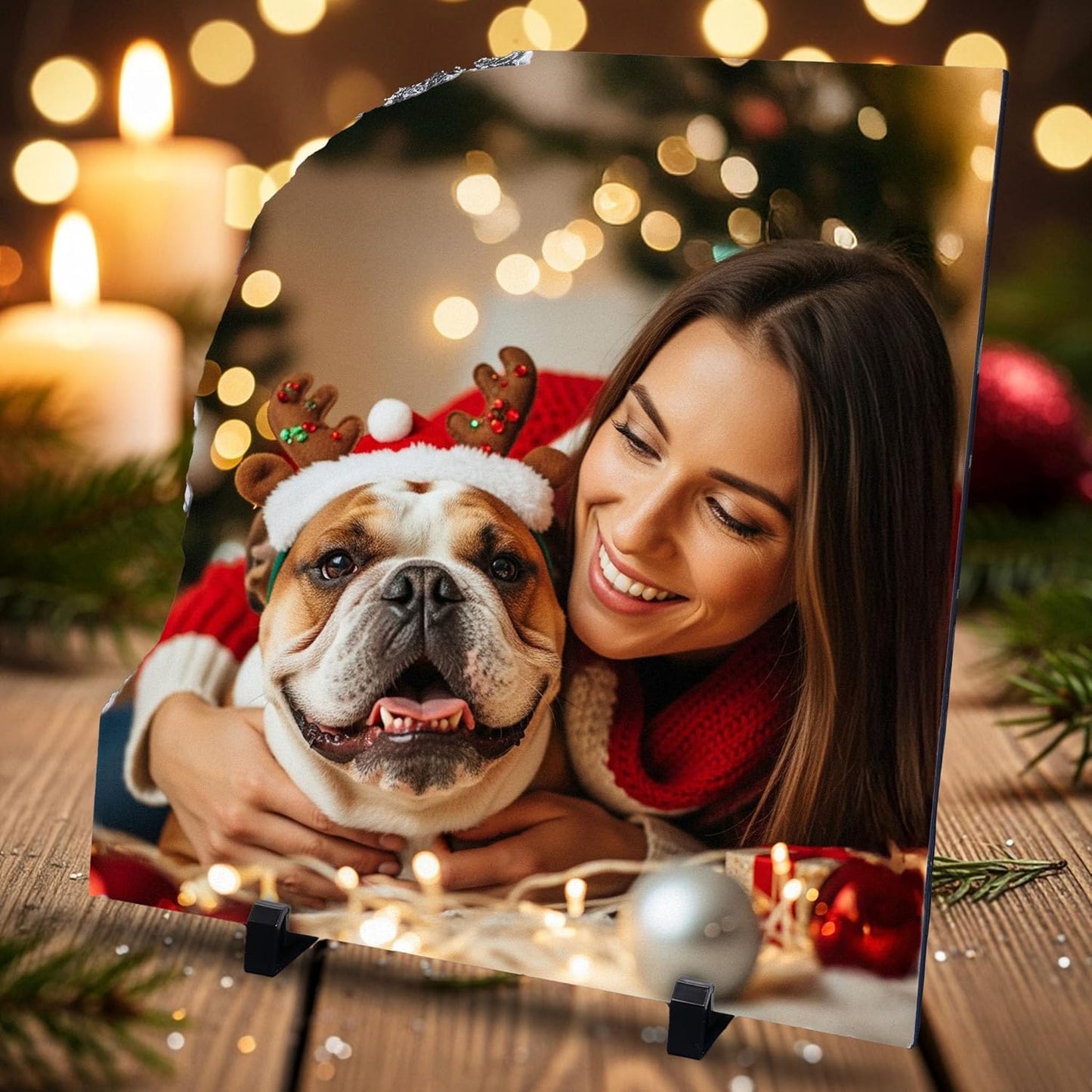 ArtPix 3D Christmas Personalized Slate Plate, Customized Xmas Photo Print Stone, Custom Picture Gift for Wife, Women, Family, Her, Him, Rock Slate Plaque Frame (Small - Left Contour Shape)