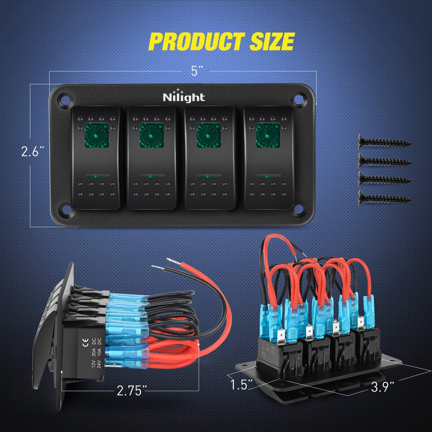 Nilight 4 Gang Rocker Switch Panel 5Pin On Off Toggle Aluminum Holder 12V 24V Dash Pre-Wired Green Backlit Switches for Automotive Cars Marine Boats RVs Truck