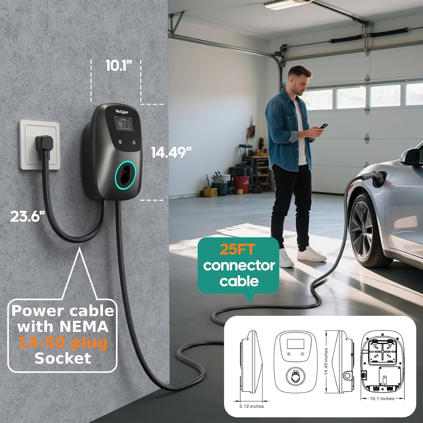 Level 2 EV Charger(WiFi APP/Plug-Play), 40Amp, 25ft Cable ETL Certified, 240V NEMA 14-50p Plug, Home Level 2 EVSE Car Charger w/ J1772 Connector, Electric Vehicle Charging Stations