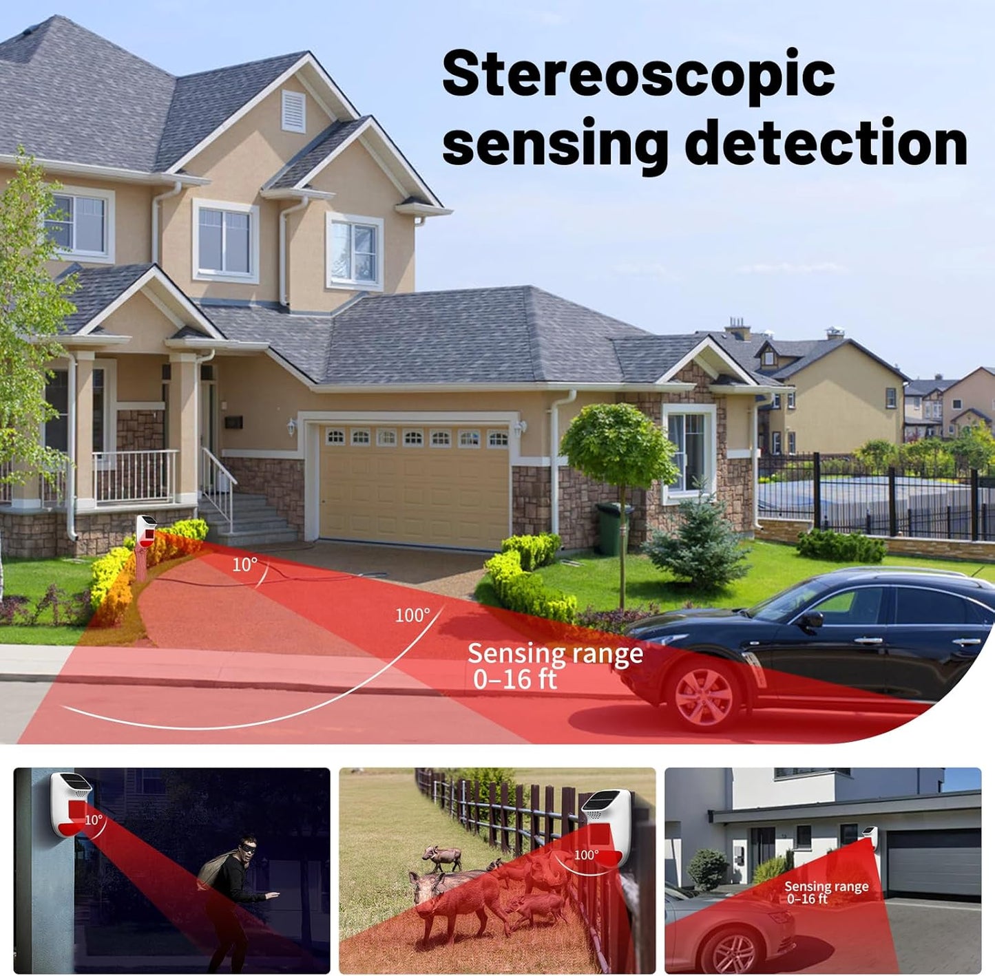 Solar Motion Sensor Alarm - 120dB IP65 Waterproof Security Siren with Remote & Strobe Light, 3 Modes for Yard/Farm/Home, 5-8m Pet-Friendly Detection (Animal Sound (Or You can add Your own Voice))