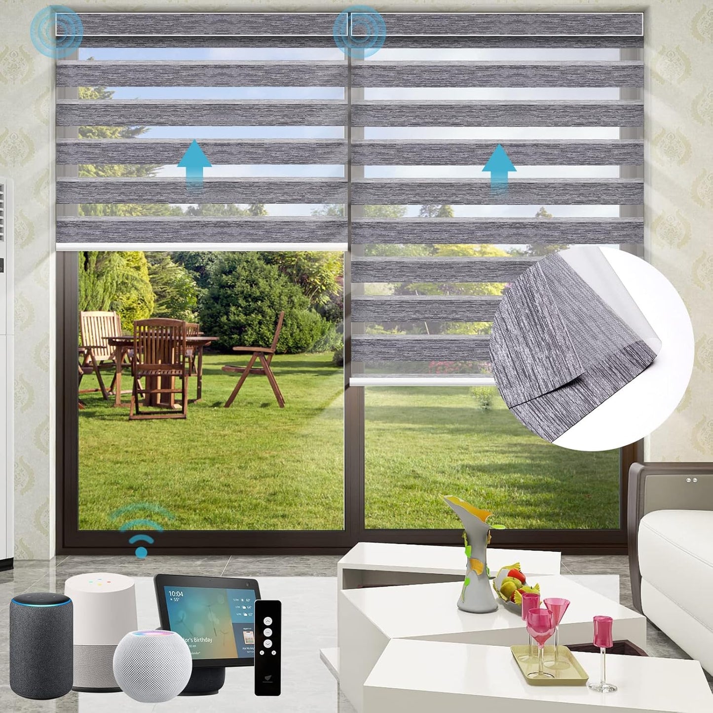 SmartWings Motorized Zebra Shades - Compatible with HomeKit, Alexa, SmartThings, Google - Remote Control Light Filtering Sheer Shades, 85% Blackout, for Smart Home/Office, Grey, Customized
